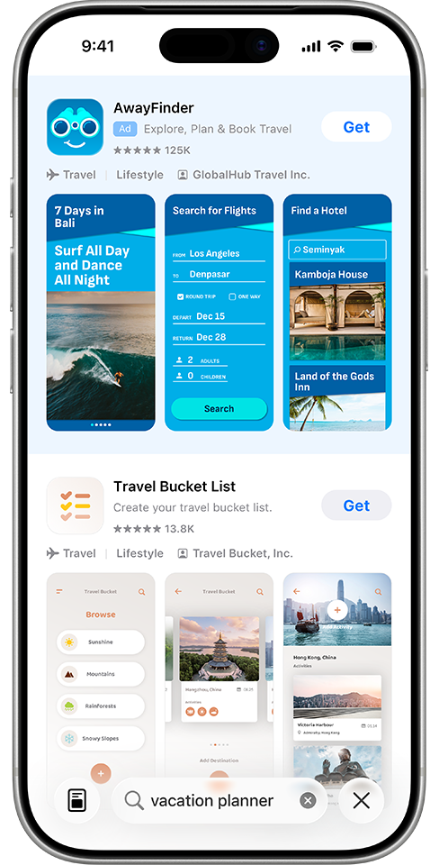 ```json
{
  "alt": "Smartphone screen displaying travel planning apps with options for flights, destinations, and personalized lists.",
  "caption": "Discover your next adventure with these travel planning apps, offering everything from surfing in Bali to exploring cityscapes in Hong Kong.",
  "description": "The image shows a smartphone screen featuring two travel planning apps. 'AwayFinder' allows users to explore travel options, search for flights, and find accommodations. Advertised features include surfing in Bali and flights from Los Angeles to Denpasar. The 'Travel Bucket List' app enables users to create customized travel lists, with destinations like Hangzhou and Hong Kong. Both apps target travel enthusiasts seeking organized, personalized trip planning solutions."
}
```