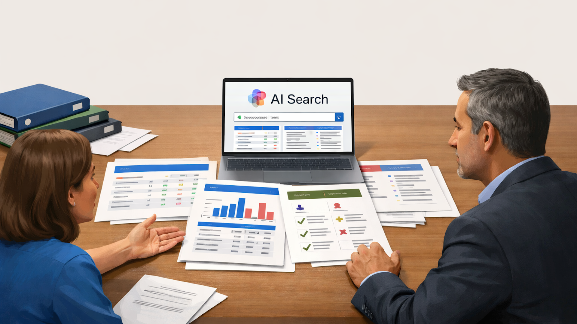 ```json
{
"alt": "Two professionals review data charts and documents at a desk with a laptop displaying AI Search.",
"caption": "Exploring AI insights: Two colleagues delve into data analysis with the aid of AI Search technology, seeking informed decisions.",
"description": "The image shows two professionals engaged in a discussion over data charts and documents spread across a wooden desk. A laptop, central to the image, displays an AI Search interface, suggesting the use of artificial intelligence for data analysis. The scene is set in a professional office environment, emphasizing teamwork and data-driven decision-making. Keywords: AI Search, data analysis, teamwork, business meeting."
}
```