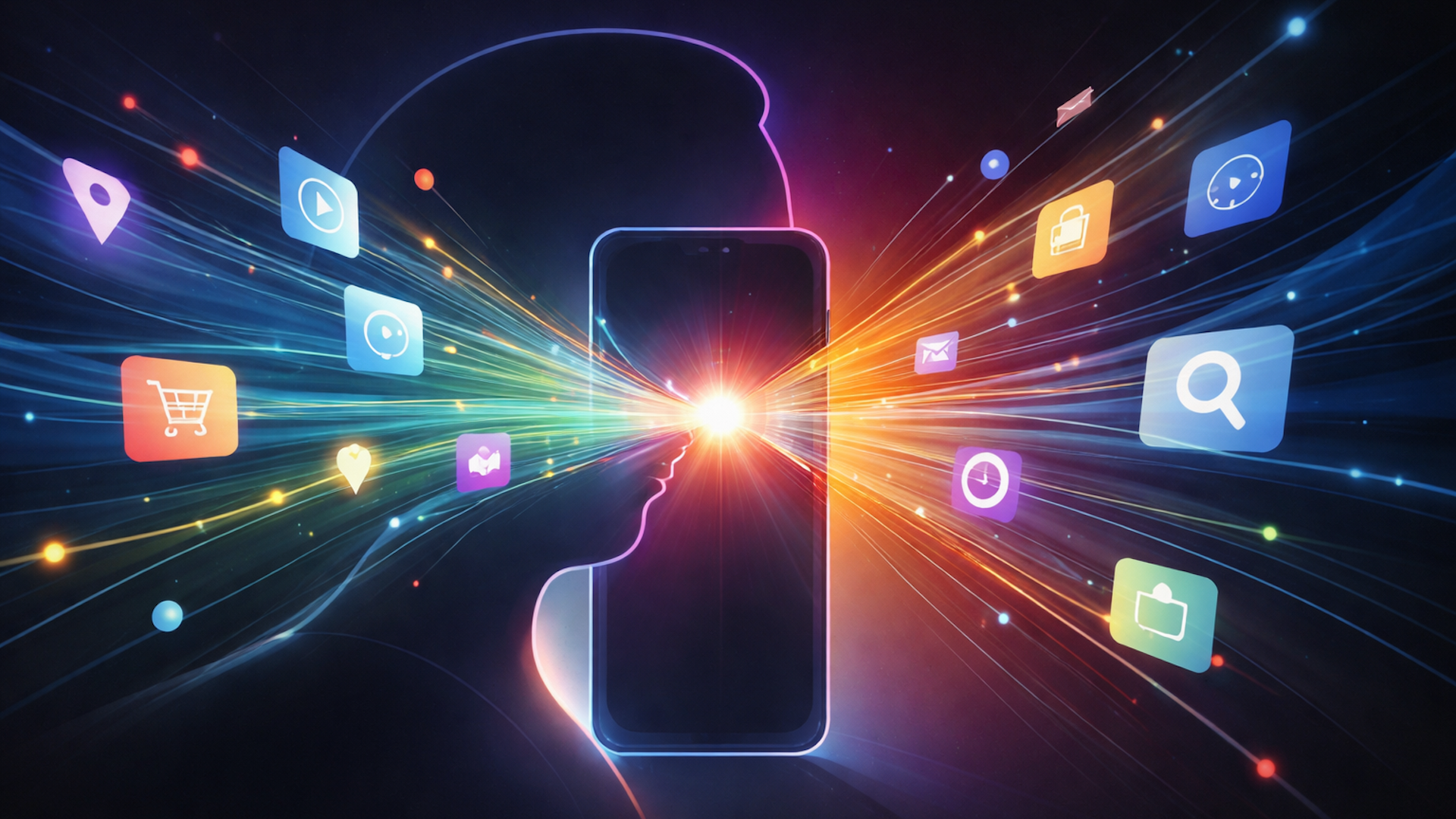 ```json
{
  "alt": "Silhouette of a person connected to a smartphone with colorful app icons and digital rays.",
  "caption": "A vibrant digital connection: Human and smartphone interface surrounded by dynamic app icons.",
  "description": "This image illustrates a silhouette of a person’s profile facing a smartphone, with luminous digital rays connecting them. Various app icons, such as location, shopping cart, and search, are depicted in vibrant colors around the phone, representing digital connectivity and technology integration. The image conveys a theme of innovation and modern communication."
}
```