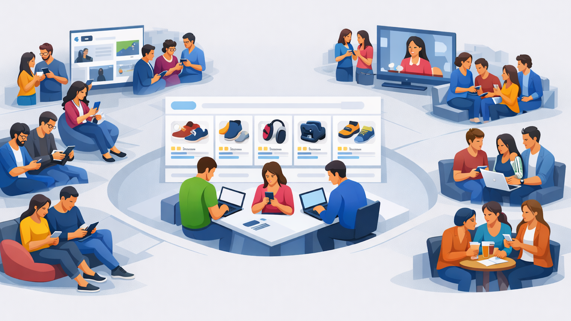 ```json
{
  "alt": "Illustration of people using digital devices in groups, centered around online shopping.",
  "caption": "In a digitally connected world, groups of people engage with various devices, exploring online shopping and media.",
  "description": "This colorful illustration depicts multiple groups of people, each engaged with digital devices like laptops, tablets, and smartphones. They appear to be using these devices to interact, watch media, or participate in online shopping activities. The central focus is on a group at a table with laptops and a digital product display, symbolizing the integration of technology in everyday life. This image highlights themes of connectivity, digital interaction, and e-commerce."
}
```