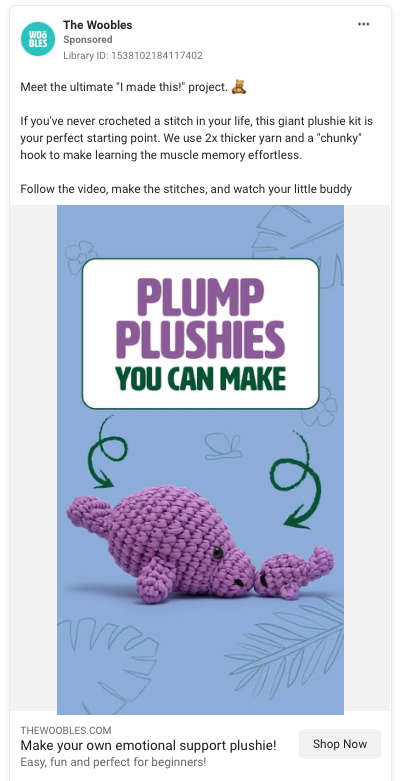 ```json
{
  "alt": "Purple crochet plushie with text 'Plump Plushies You Can Make' from The Woobles ad.",
  "caption": "Dive into crochet with this beginner-friendly plushie kit from The Woobles. Craft your own adorable creation, perfect for gaining confidence in crocheting!",
  "description": "This image is an advertisement from The Woobles showing a purple crochet plushie on a blue background. The text 'Plump Plushies You Can Make' highlights the DIY nature of the kit, which is designed for beginners. The kit includes thicker yarn and a chunky hook to simplify the learning process and create a cuddly, handmade plushie."
}
```