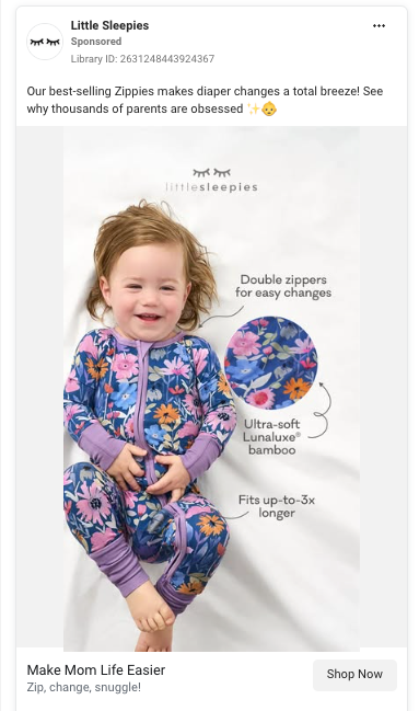 ```json
{
  "alt": "Smiling baby in a floral sleeper with double zippers, promoting Little Sleepies' LunaluXe bamboo fabric.",
  "caption": "Discover the joy of easy diaper changes with Little Sleepies' adorable Zippies. Featuring double zippers and ultra-soft bamboo fabric, it's a parent favorite!",
  "description": "This image shows a baby happily wearing a Little Sleepies floral sleeper designed with double zippers for convenient diaper changes. The outfit is made from ultra-soft LunaluXe bamboo fabric, noted for its comfort and ability to fit up to three times longer. The promotional text highlights why thousands of parents love these Zippies, featuring the tagline 'Make Mom Life Easier.' Perfect for keyword searches related to baby clothes, convenient diaper changes, and soft bamboo fabric."
}
```
