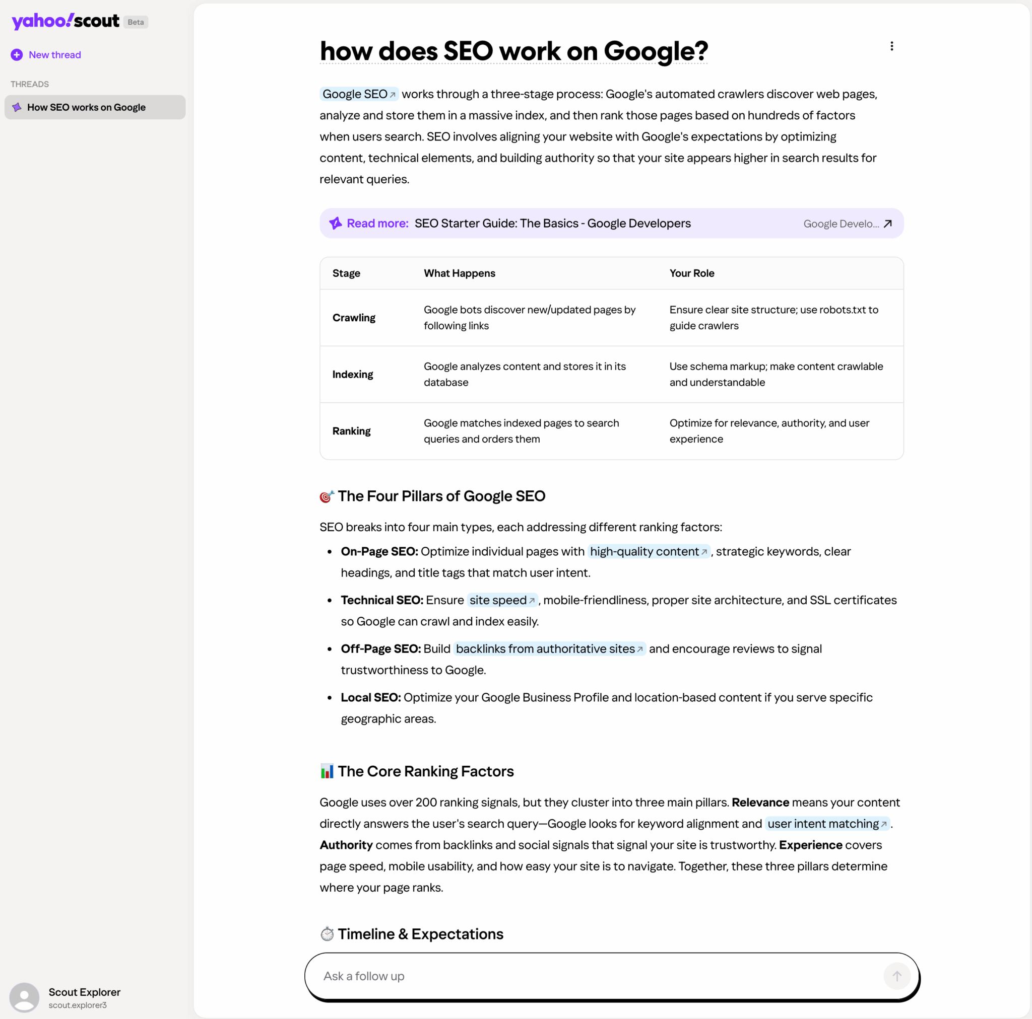 ```json
{
  "alt": "Screenshot explaining how SEO works on Google, including stages like crawling, indexing, and ranking, and the four pillars of SEO.",
  "caption": "Discover how SEO works on Google, from crawling and indexing to ranking. Explore the four pillars and learn how to optimize your site effectively.",
  "description": "This screenshot outlines how SEO works on Google, detailing the stages of crawling, indexing, and ranking. It delves into the four pillars of SEO: On-Page SEO, Technical SEO, Off-Page SEO, and Local SEO. Each section explains key actions like optimizing content, improving site speed, creating backlinks, and enhancing local visibility. Keywords like 'SEO process,' 'crawling,' 'indexing,' and 'Google ranking' are highlighted for search optimization."
}
```
