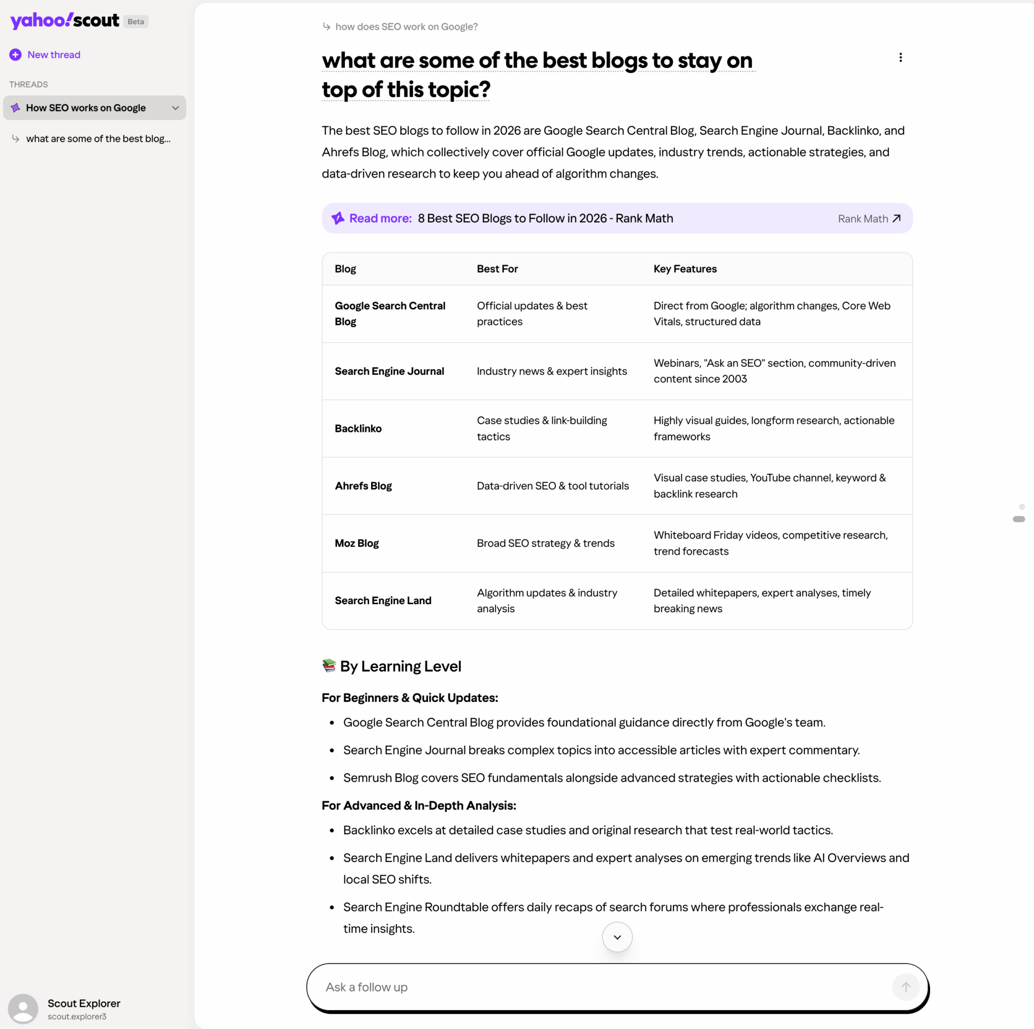 ```json
{
  "alt": "Table of the best SEO blogs to follow in 2026, with features from sites like Google Search Central and Moz Blog.",
  "caption": "Discover the top SEO blogs to keep you ahead in 2026. From Google's own insights to industry trends, find the best resources for every skill level.",
  "description": "This image showcases a table of the best SEO blogs to follow in 2026. Listed blogs include Google Search Central Blog, Search Engine Journal, Backlinko, Ahrefs Blog, Moz Blog, and Search Engine Land. Each blog is highlighted for its unique strengths, ranging from official Google updates and data-driven research to industry news and link-building tactics. Essential for those seeking to stay informed on SEO strategies and algorithm changes. Ideal for beginners and advanced users alike."
}
```
