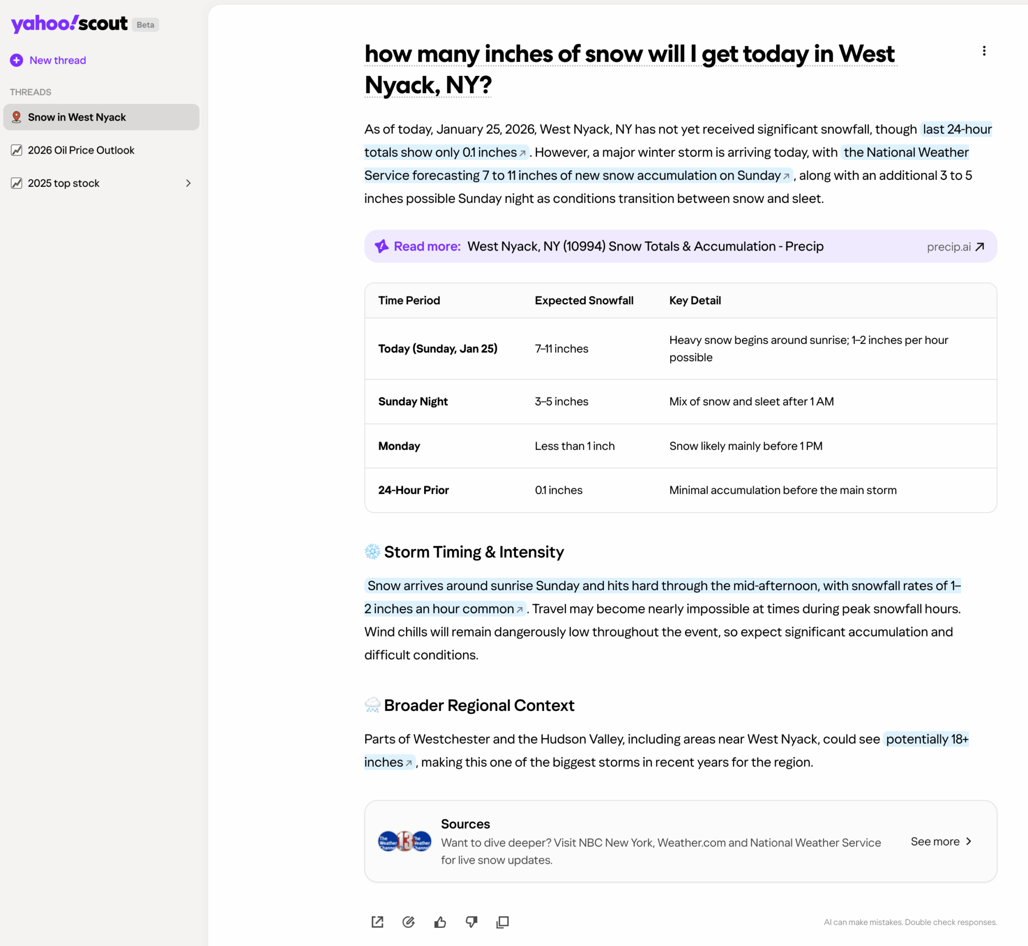 ```json
{
  "alt": "Weather forecast for West Nyack, NY shows snow accumulation between 7 and 11 inches on Sunday.",
  "caption": "Brace yourself, West Nyack! Snowfall of 7-11 inches expected on Sunday, turning into a snowy spectacle.",
  "description": "The image displays a weather forecast for West Nyack, NY, dated January 25, 2026. It predicts a significant snowfall with 7 to 11 inches expected on Sunday, with another 3 to 5 inches on Sunday night. Key details include heavy snow beginning around sunrise and potential snowfall rates of 1-2 inches per hour. The report highlights storm timing and intensity, and notes the broader regional impact, suggesting this storm may be one of the largest in recent years. Keywords: West Nyack, snow forecast, snowfall accumulation, storm intensity."
}
```
