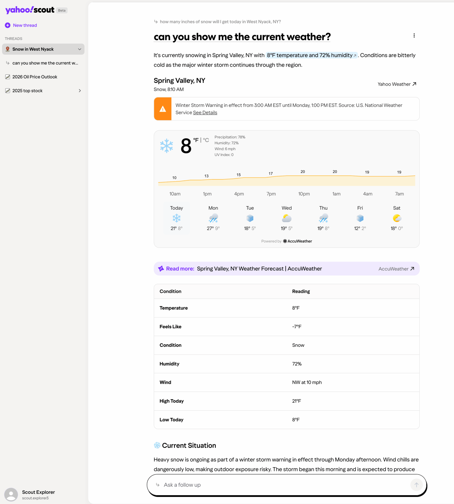 ```json
{
  "alt": "Weather forecast for Spring Valley, NY showing 8°F temperature and ongoing snowstorm with 72% humidity.",
  "caption": "Bitterly cold in Spring Valley, NY with temperatures at 8°F. Snow continues amidst a major winter storm, creating hazardous conditions.",
  "description": "The image displays a weather update for Spring Valley, NY, indicating a severe winter scenario with a temperature of 8°F and 72% humidity. A winter storm warning is active, with snow continuously falling and a wind speed from NW at 10 mph. Charts detail hourly forecasts, predicting low temperatures through the week. The situation suggests extreme cold and potential hazards, highlighting the need for caution."
}
```