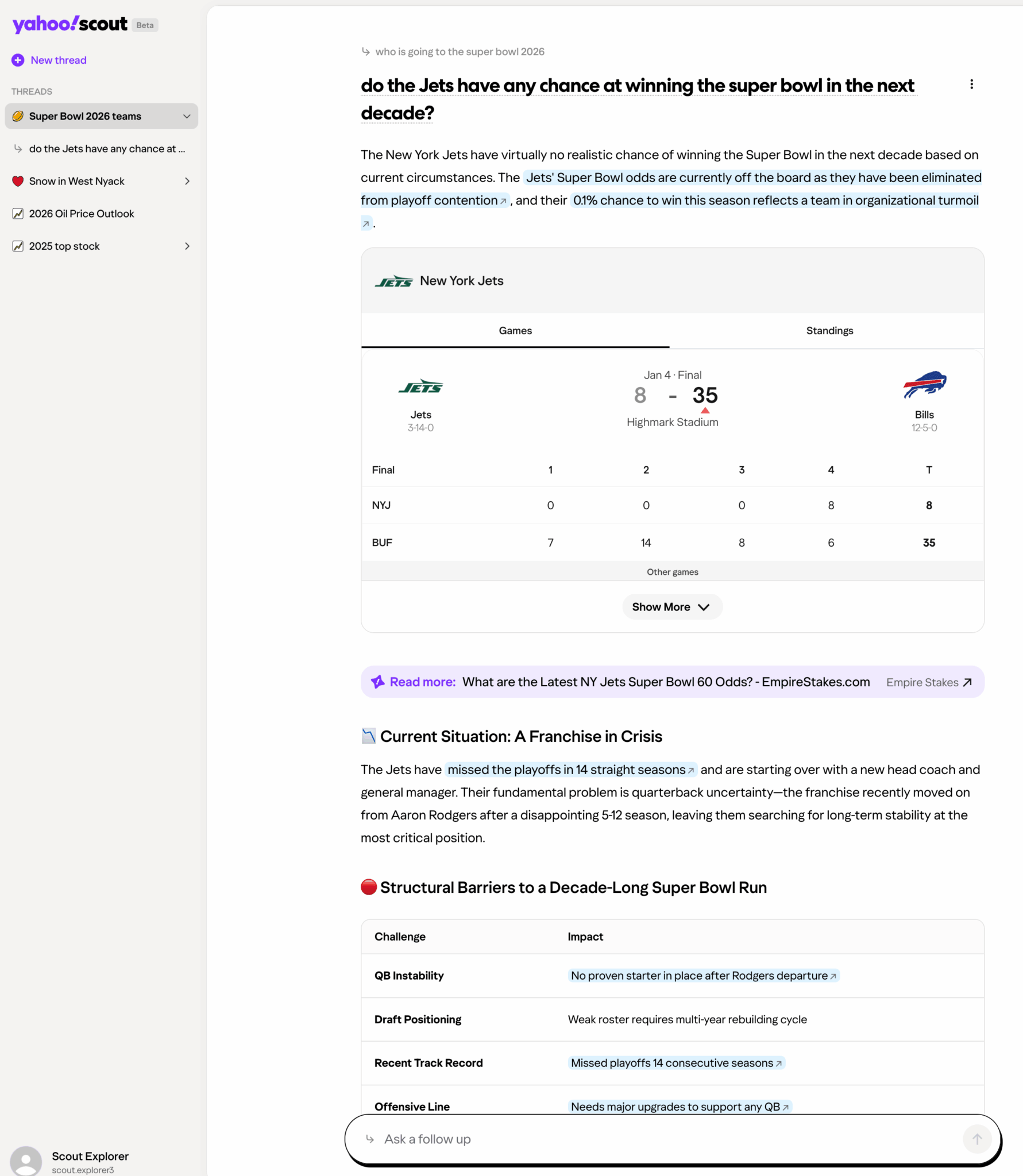 ```json
{
  "alt": "Yahoo Scout page discussing the New York Jets' likelihood of winning the Super Bowl in the next decade, featuring team statistics and challenges.",
  "caption": "Amidst a tough season, the New York Jets face significant challenges in their quest for a Super Bowl win in the next decade, with a struggling record and critical team issues.",
  "description": "This image shows a Yahoo Scout webpage analyzing the New York Jets' chances of winning a Super Bowl in the next decade. It highlights the Jets' dire situation, including a 3-14-0 record with a recent 8-35 loss against the Bills. The page outlines structural barriers such as quarterback instability, poor draft positioning, and a weak offensive line. The image includes team stats and critical insights on the franchise's current crisis and future outlook. Keywords: New York Jets, Super Bowl, NFL, team analysis."
}
```