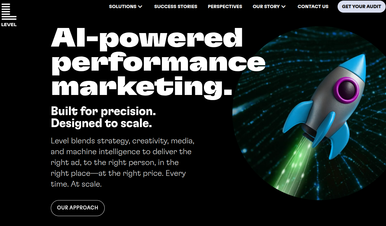 ```json
{
"alt": "Website design promoting AI-powered performance marketing with a rocket graphic and strategic message.",
"caption": "Elevate your marketing strategy with AI-powered precision. Discover how data-driven insights blend with creativity to reach the right audience effectively.",
"description": "This image showcases a visually engaging website design focused on AI-powered performance marketing. A bold headline emphasizes precision and scale, accompanied by a graphic of a rocket launching against a network of digital lines. The design highlights strategic and creative marketing solutions to deliver effective ad placements. Key phrases include 'precision,' 'designed to scale,' and 'machine intelligence,' aiming to attract businesses seeking innovative marketing approaches."
}
```