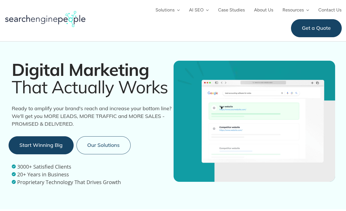 ```json
{
  "alt": "Digital Marketing service advertisement with browser tab illustration.",
  "caption": "Boost your brand's online presence with actionable digital marketing strategies and SEO solutions.",
  "description": "This image is an advertisement for digital marketing services by Search Engine People. It features bold text reading 'Digital Marketing That Actually Works' alongside a browser illustration indicating improved website ranking. The image highlights key service benefits such as generating more leads, traffic, and sales. Additional elements include buttons for 'Start Winning Big' and 'Our Solutions', with client satisfaction and business longevity being emphasized. Keywords: digital marketing, SEO, lead generation, online branding."
}
```