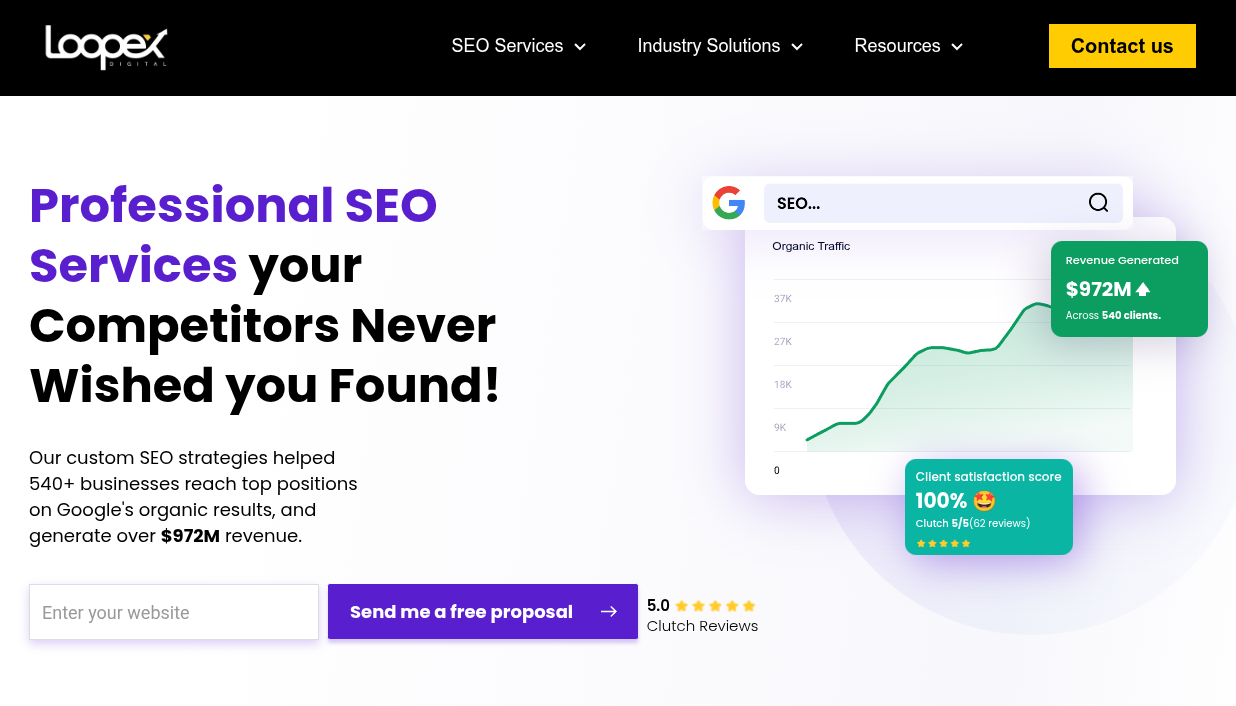 ```json
{
  "alt": "Website banner offering professional SEO services, showing graph of revenue growth and customer satisfaction score.",
  "caption": "Unlock your business's potential with professional SEO services that drive growth and satisfaction. Transform your online presence today!",
  "description": "This website banner for Lopex Digital highlights professional SEO services with a bold headline and a graph illustrating significant revenue growth to $972M. It emphasizes client satisfaction with a score of 100% and offers a free proposal request, boasting Clutch reviews. Keywords: SEO services, revenue growth, client satisfaction, digital marketing."
}
```