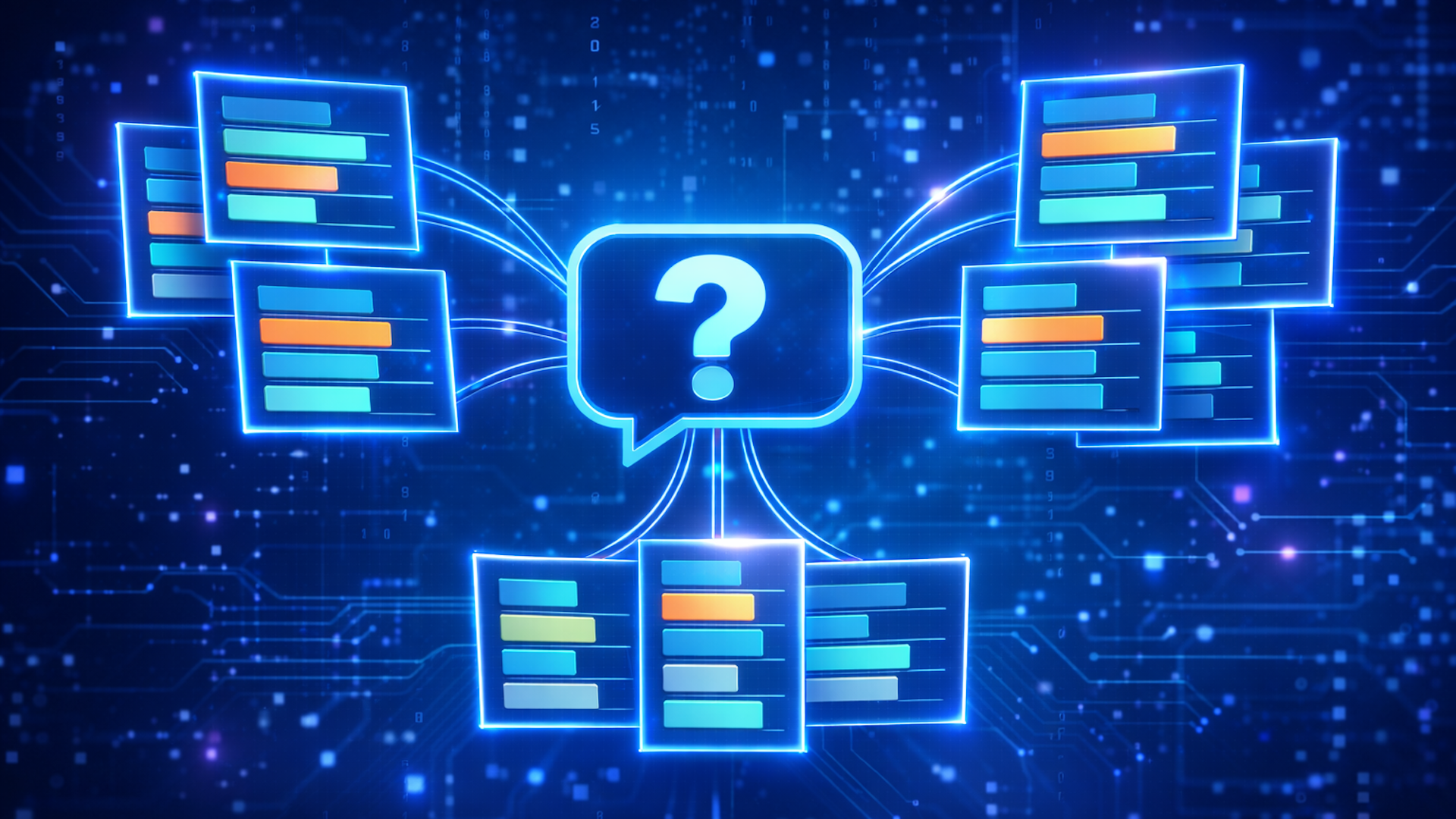 ```json
{
  "alt": "Digital concept image showing data flow from multiple sources into a central questioning node.",
  "caption": "In the digital maze of data, every answer begins with the right question.",
  "description": "This digital concept illustration depicts data flow from multiple sources, represented as charts, converging into a central node with a question mark. The background features a circuit-like pattern, symbolizing technology and connectivity. The use of blue neon highlights and bar charts indicates a focus on analytics and data analysis. Keywords: data flow, digital, analytics, technology, question, charts."
}
```
