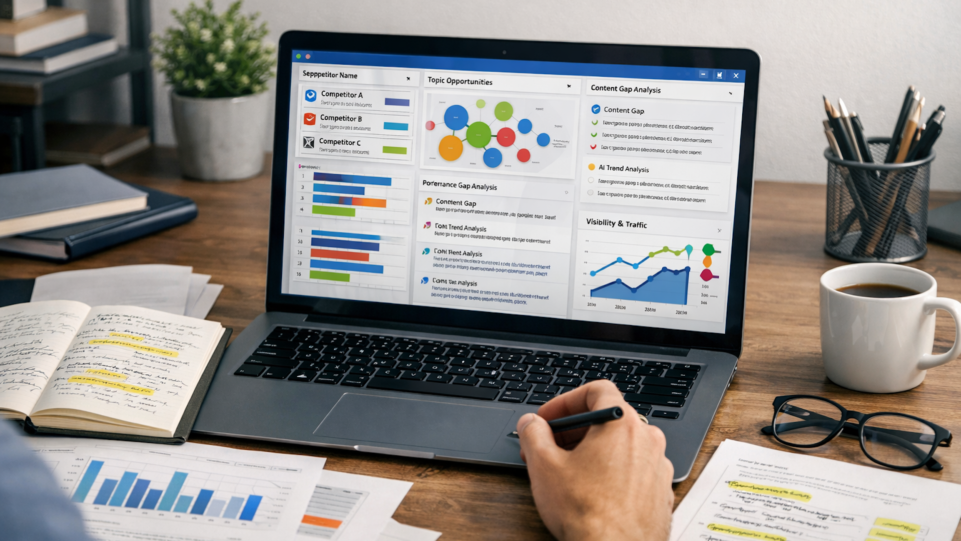 ```json
{
"alt": "Person analyzing data on a laptop screen with various graphs and charts, surrounded by notes, glasses, and a coffee cup.",
"caption": "Dive into data: A focused analysis session featuring vibrant charts and insightful notes. Boost your productivity with coffee and a clear strategy.",
"description": "An individual analyzes performance data on a laptop screen displaying colorful graphs and charts in a workspace setting. The desk is organized with open notebooks, highlighted notes, a pair of glasses, and a coffee mug. This setup indicates a professional undertaking a detailed examination of competitive performance and content gaps, offering a glimpse into modern business analytics and strategic planning. Keywords: data analysis, business strategy, charts, competitive analysis, workspace."
}
```