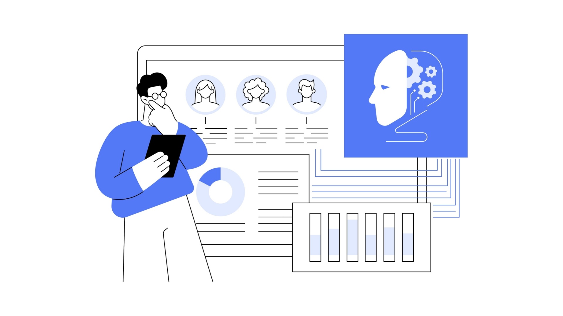 ```json
{
  "alt": "Illustration of a person analyzing data and AI interface with human profiles and pie chart.",
  "caption": "Exploring the synergy between data analysis and AI innovation, this illustration captures a person deep in thought, interacting with digital personas and graphical data.",
  "description": "This illustration features a person pondering while holding a tablet, set against a backdrop of digital profiles and data graphics. On the right, an AI interface symbolized by a half-human, half-machine face suggests a link between technology and human insight. The image includes elements like pie charts and bar graphs, emphasizing data analysis and artificial intelligence. Keywords: data analysis, AI, digital interface, human-machine interaction."
}
```