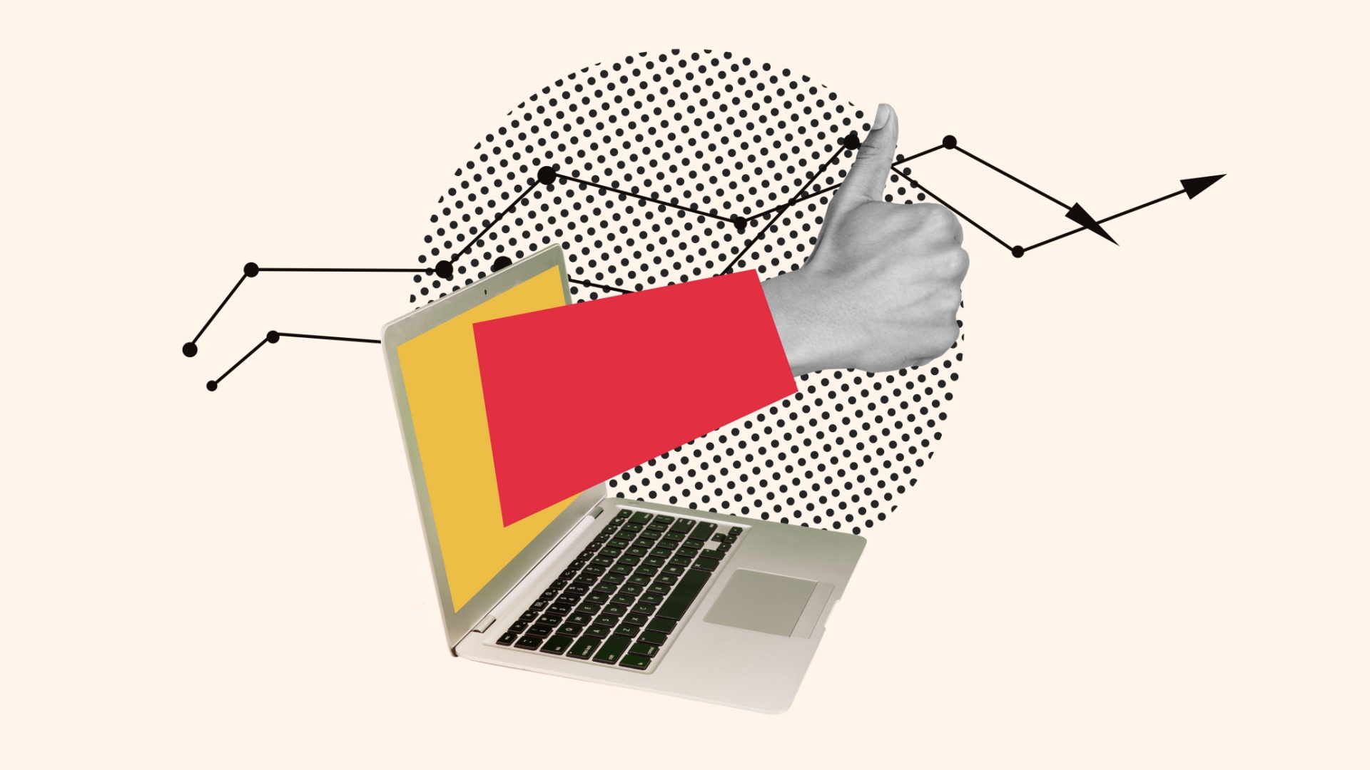 ```json
{
  "alt": "Collage of a laptop with an arm giving a thumbs-up emerging from the screen above a dotted circle and graph lines.",
  "caption": "A creative collage showcases a thumbs-up emerging from a laptop, symbolizing success and positive digital growth.",
  "description": "This imaginative collage features a laptop with a hand giving a thumbs-up emerging from the screen, set against a dotted circle backdrop. Overlayed with graph lines, this image symbolizes digital success and progress. With its retro-modern style and symbolic elements, it's perfect for themes of technology, business success, and online engagement."
}
```