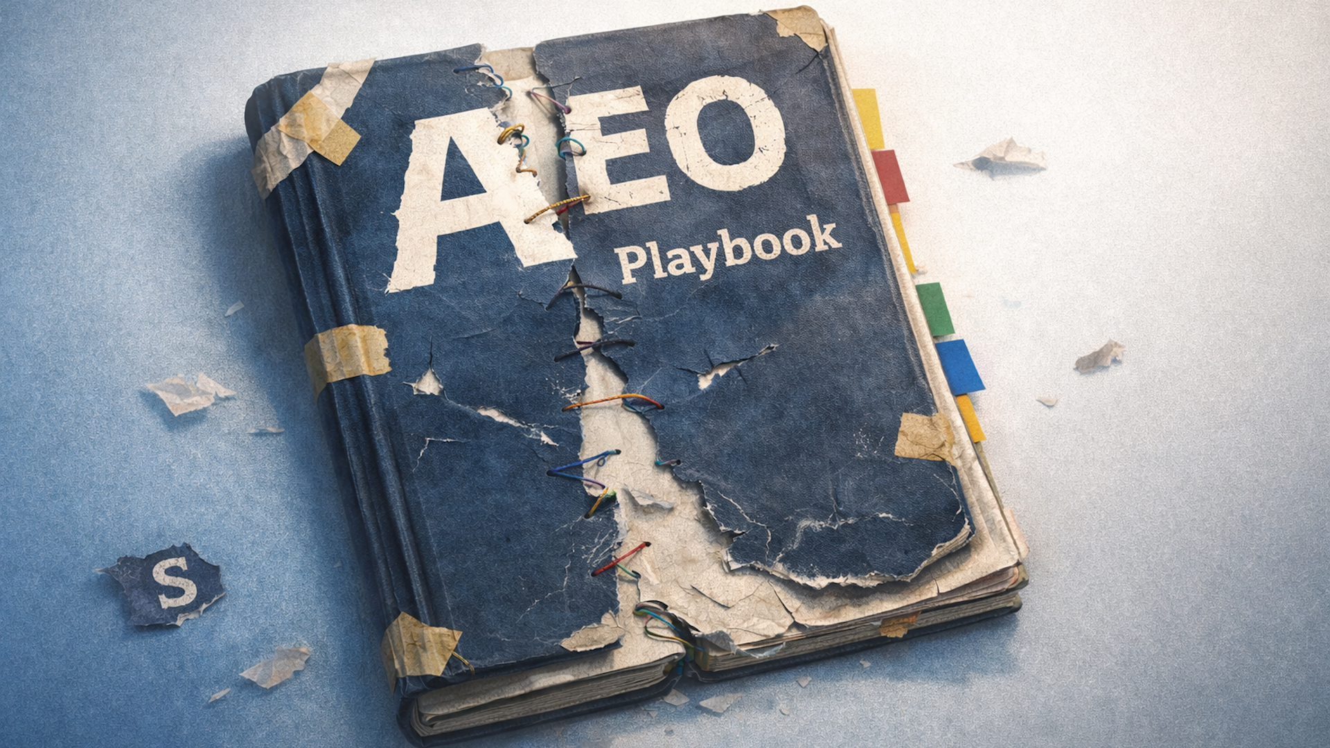 ```json
{
"alt": "A worn-out book titled 'AEO Playbook' with a blue cover, taped edges, and colorful index tabs, on a blue surface.",
"caption": "Explore the timeworn 'AEO Playbook,' a tapestry of strategies bound by colorful tabs and patched with care. What stories and secrets does it hold?",
"description": "This image features a weathered book titled 'AEO Playbook' with a heavily worn blue cover, suggesting extensive use. The book’s spine is reinforced with multiple colored stitches and tape. Colorful index tabs protrude from the side, adding a playful aspect to the image. The book rests on a textured blue background, with torn paper pieces scattered nearby. Keywords: AEO, playbook, worn-out, strategies, colorful tabs."
}
```