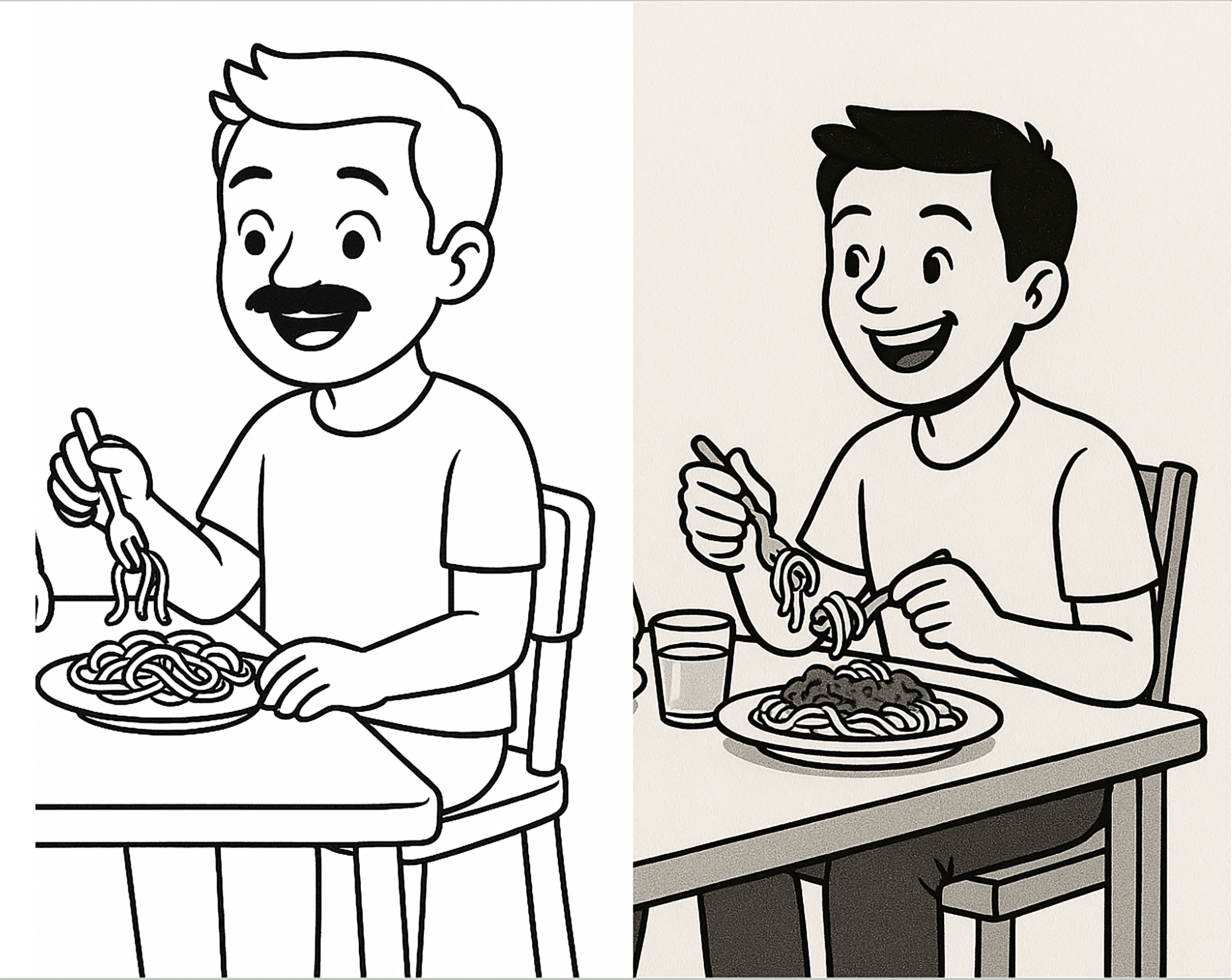 ```json
{
"alt": "Two cartoon characters eating spaghetti at a table with forks.",
"caption": "Two cheerful cartoon characters enjoy a classic spaghetti meal, each showcasing a different artistic style.",
"description": "This split image features two cartoon characters sitting at a table, each enjoying a plate of spaghetti with a fork. The character on the left is depicted in a clean, outlined style with minimal shading, while the character on the right is drawn with more detail and shading, giving a sense of depth and realism. Their expressions are joyful, as they savor the spaghetti. The image highlights two contrasting artistic techniques in cartoon illustration, making it a visually intriguing piece ideal for discussions about art styles and graphic design."
}
```