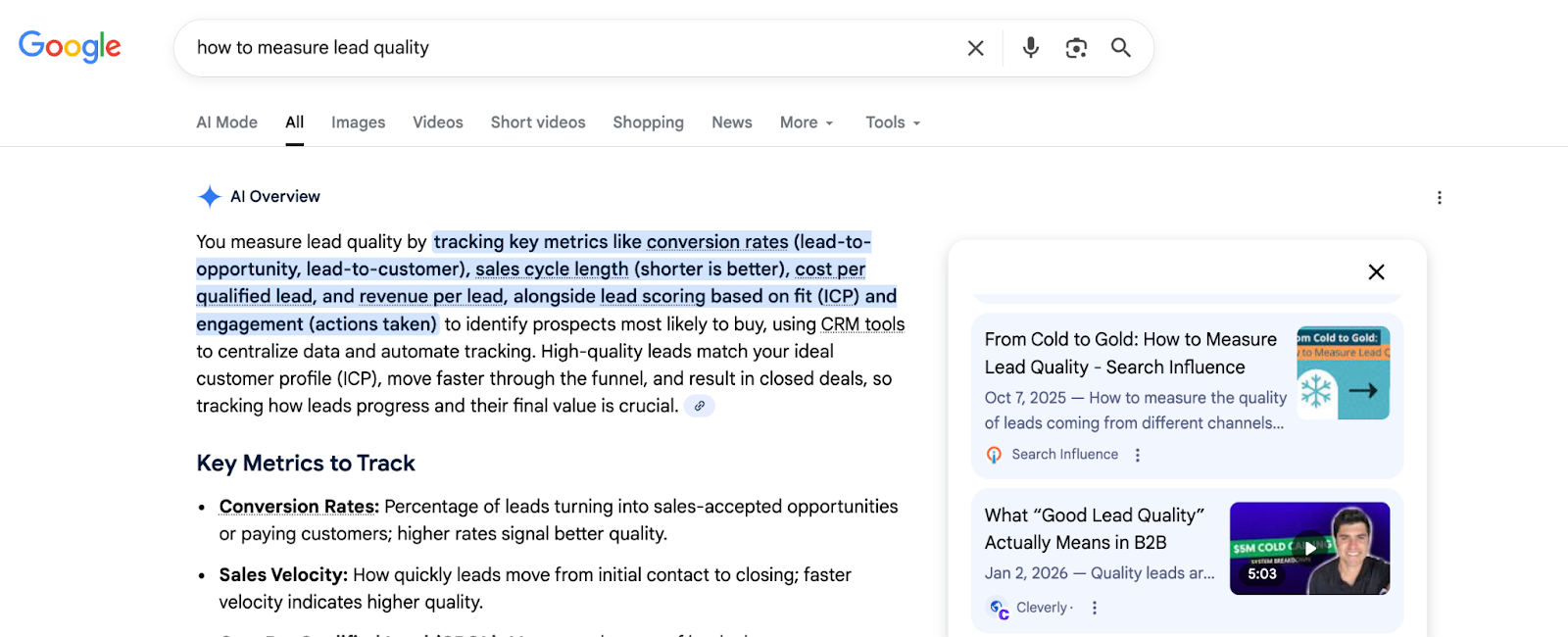 ```json
{
  "alt": "Google search results for 'how to measure lead quality' with highlighted metrics and articles.",
  "caption": "Explore how to measure lead quality effectively with key metrics and insightful articles, as shown in these Google search results.",
  "description": "Image depicting Google search results for 'how to measure lead quality.' Highlights include key metrics such as conversion rates and sales cycle length, emphasized with hyperlinks. The right sidebar features related articles titled 'From Cold to Gold: How to Measure Lead Quality' and 'What 'Good Lead Quality' Actually Means in B2B.' Keywords: lead quality, business metrics, conversion rates, CRM tools, sales velocity."
}
```