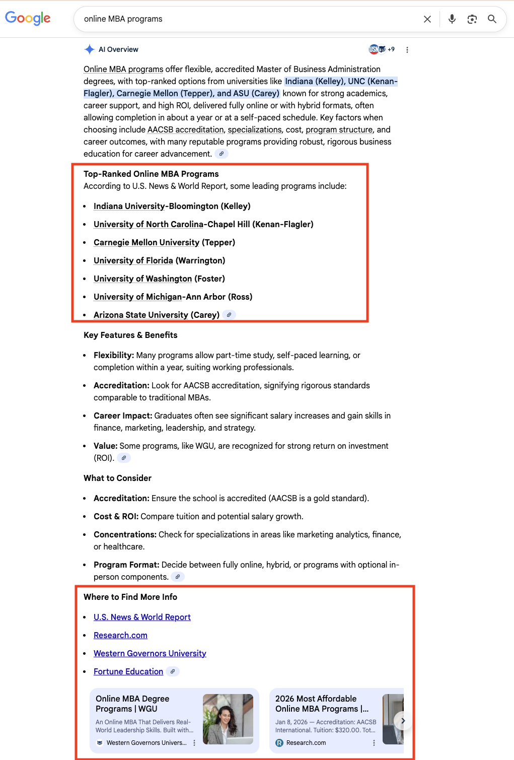 ```json
{
  "alt": "Screenshot listing top-ranked online MBA programs and their benefits.",
  "caption": "Explore the top-ranked online MBA programs that offer flexibility and robust career advancement opportunities.",
  "description": "This image showcases a Google search result for 'online MBA programs' with a list of top-ranked online MBA programs from universities like Indiana, UNC, and Carnegie Mellon. It highlights key features like flexibility, accreditation, and career impact. The image also outlines considerations such as program format and value, while providing links for further information. This comprehensive guide serves as a resource for prospective MBA students seeking quality online education options."
}
```