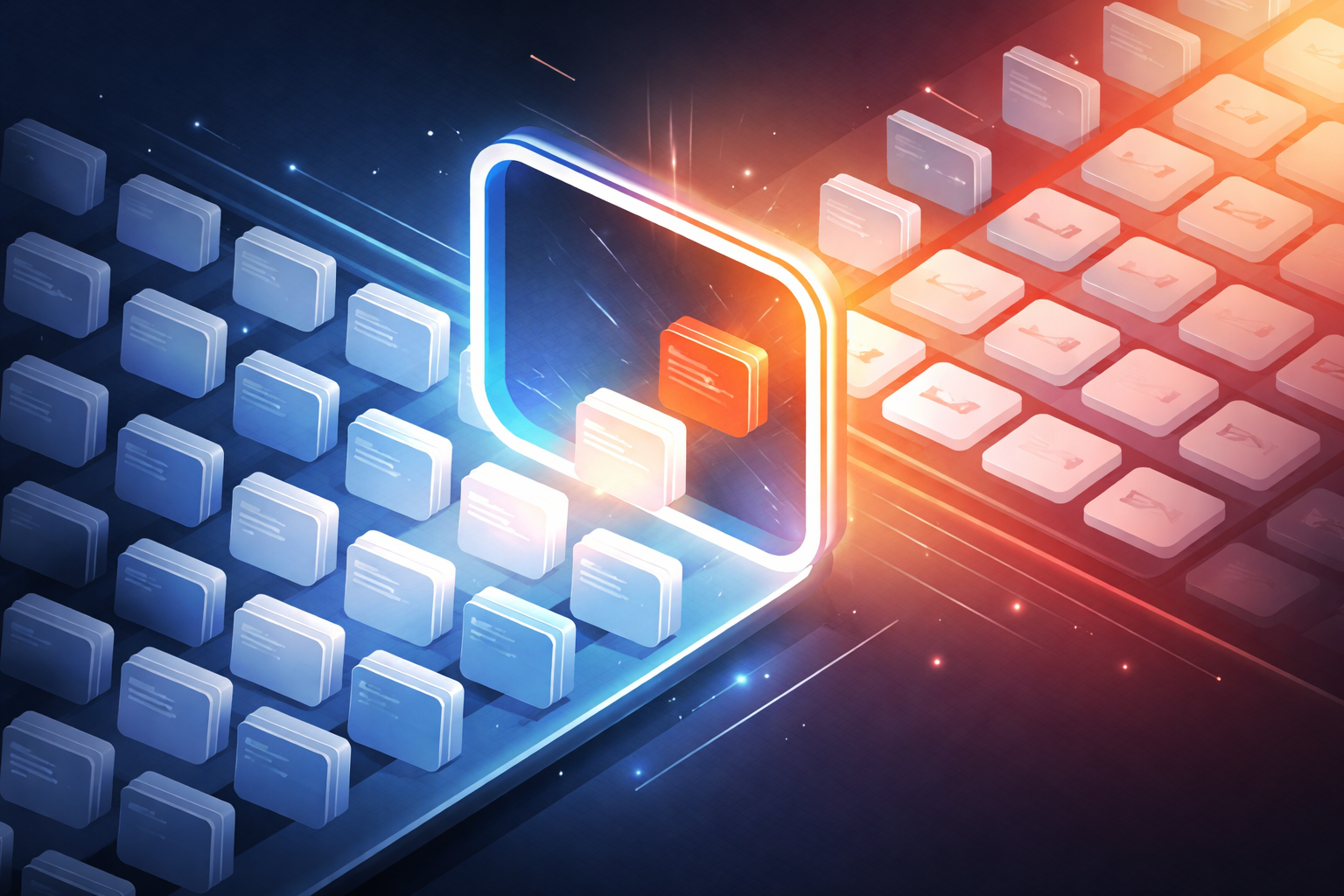 ```json
{
  "alt": "Digital illustration of data blocks with blue and red lighting, depicting digital transformation.",
  "caption": "A vivid journey into the digital realm where data transitions seamlessly between domains. Witness the dynamic interplay of blue and red, symbolizing innovation and change.",
  "description": "This digital illustration showcases an array of blue data blocks transitioning into a sequence of red blocks, symbolizing digital transformation and data transfer. The image features contrasting blue and red lighting effects, highlighting the dynamic interaction and flow of information. The vibrant colors and futuristic design emphasize concepts of innovation, technology, and change, making it ideal for themes related to digital advancements and cyber technology."
}
```