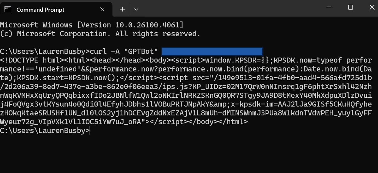 ```json
{
  "alt": "Command prompt window displaying a curl command and HTML code output.",
  "caption": "Exploring the command prompt as a tool, this image shows a curl command execution and its webpage source code result.",
  "description": "This image captures a screenshot of a command prompt window running on a Microsoft Windows operating system. It displays a 'curl' command executed with user-agent 'GPTBot', resulting in an output containing HTML source code, including script and document type declarations. The visible HTML suggests fetching website performance data using JavaScript. Keywords: command prompt, Windows, curl command, HTML output, scripting."
}
```