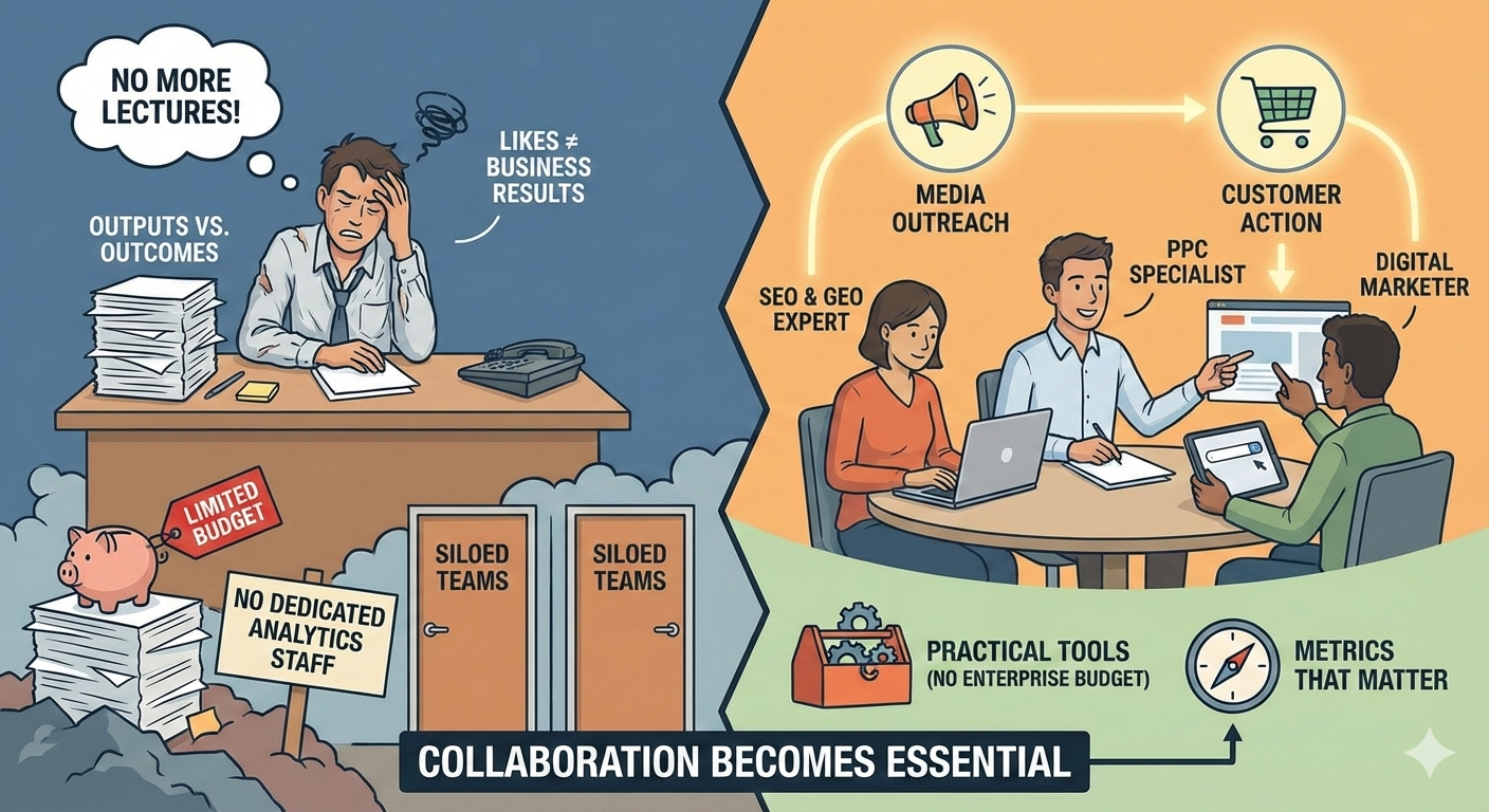 ```json
{
  "alt": "Illustration highlighting challenges and solutions in business strategy with a frustrated man and a collaborating team.",
  "caption": "From Isolation to Integration: Transforming Business Outcomes Through Collaborative Strategy.",
  "description": "This illustration contrasts two business scenarios: a frustrated individual overwhelmed by limited resources, siloed teams, and ineffective outcomes, against a collaborative team utilizing practical tools and expertise for media outreach, SEO, and digital marketing to drive customer action. The image emphasizes the importance of collaboration and practical action over isolated efforts in achieving business success, underscoring the importance of metrics and strategic teamwork."
}
```