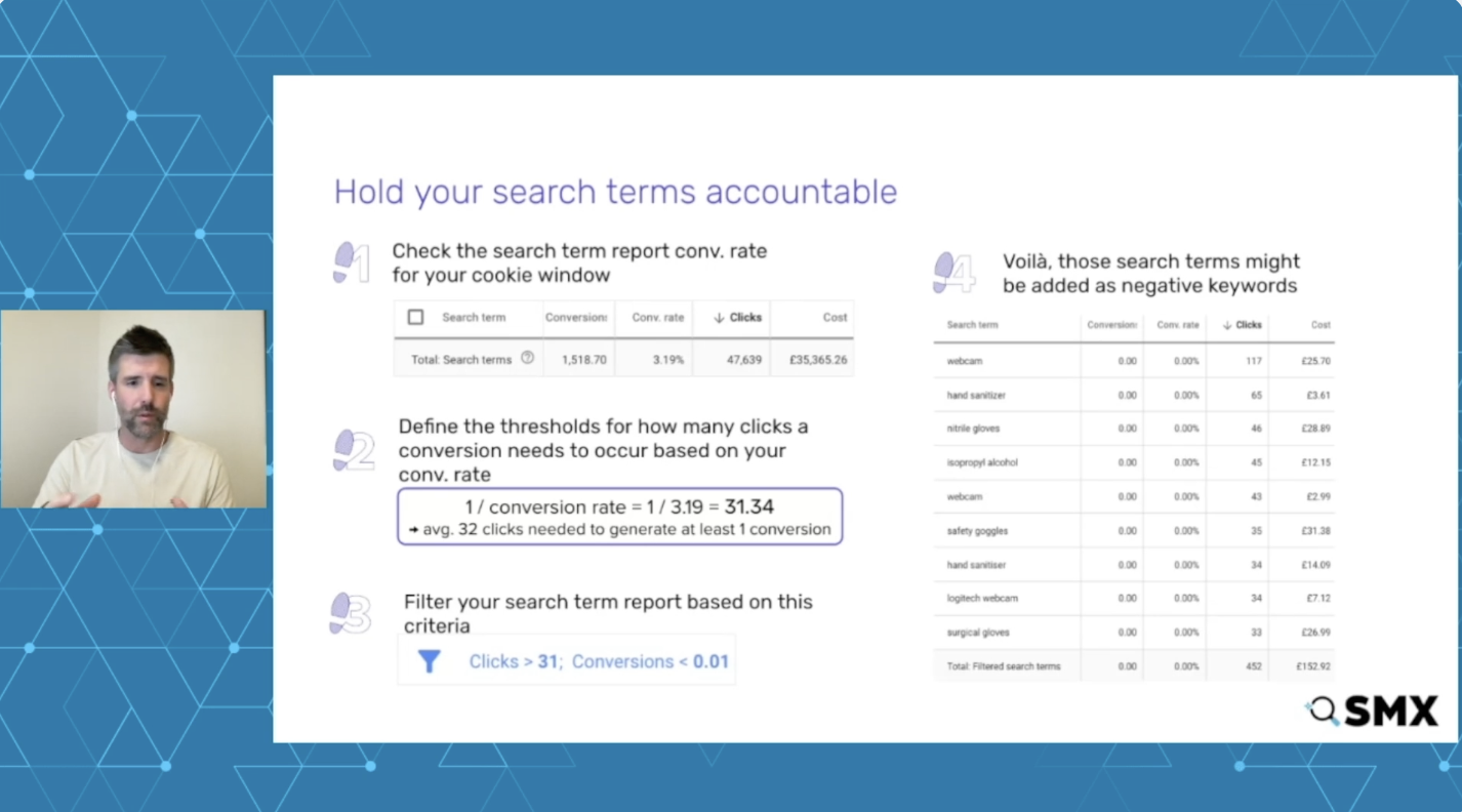 ```json
{
  "alt": "Presentation slide showing steps to hold search terms accountable with a speaker on the left.",
  "caption": "Master your search campaigns with effective keyword management and conversion rate analysis. Insights from SMX guide you through optimizing for better outcomes.",
  "description": "This image features a presentation slide with four steps to manage search terms, aimed at optimizing conversions in ad campaigns. On the left, a speaker joins remotely, set against a blue background with geometric patterns. The slide offers details on checking conversion rates, setting click thresholds, and filtering search terms, supported by data tables. Keywords: search terms, conversion rate, ad campaigns, keyword management, SMX."
}
```