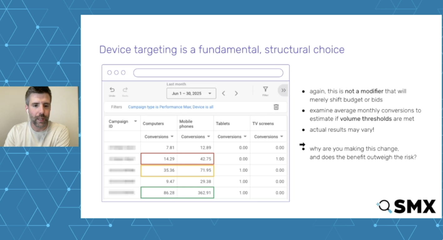 ```json
{
  "alt": "Presentation on device targeting with a slide showing conversion data and a speaker in the corner.",
  "caption": "Understanding the impact of device targeting in marketing campaigns can transform your strategy. This presentation delves into conversion data, urging critical decision-making.",
  "description": "The image displays a presentation slide titled 'Device targeting is a fundamental, structural choice' with tables showing conversion data for computers, mobile phones, tablets, and TV screens. A speaker appears in the lower left corner, likely delivering a talk on marketing strategies at an SMX event. Important points include examining monthly conversions and weighing risks versus benefits. Keywords: device targeting, conversion data, marketing strategy, SMX."
}
```