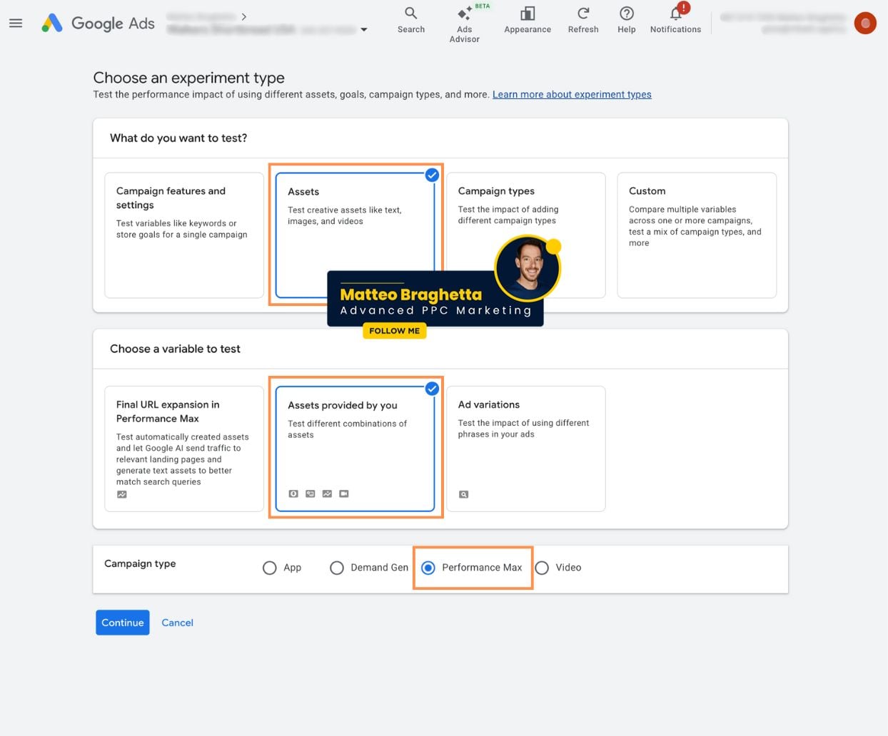 ```json
{
  "alt": "Google Ads interface showing options to choose experiment type and test variables.",
  "caption": "Exploring Google Ads: A look at the platform's options for testing and optimizing ad campaigns, featuring performance and asset management tools.",
  "description": "The image showcases the Google Ads interface where users can select an experiment type to test different assets, goals, and campaign types. Highlighted sections include options to test campaign features such as assets, campaign types, and custom variables. The interface also allows selection between different campaign types like App, Demand Gen, and Performance Max. Notable is the emphasis on creating and testing creative assets like text, images, and videos to optimize ad performance. Keywords: Google Ads, experiment type, campaign testing, asset management."
}
```