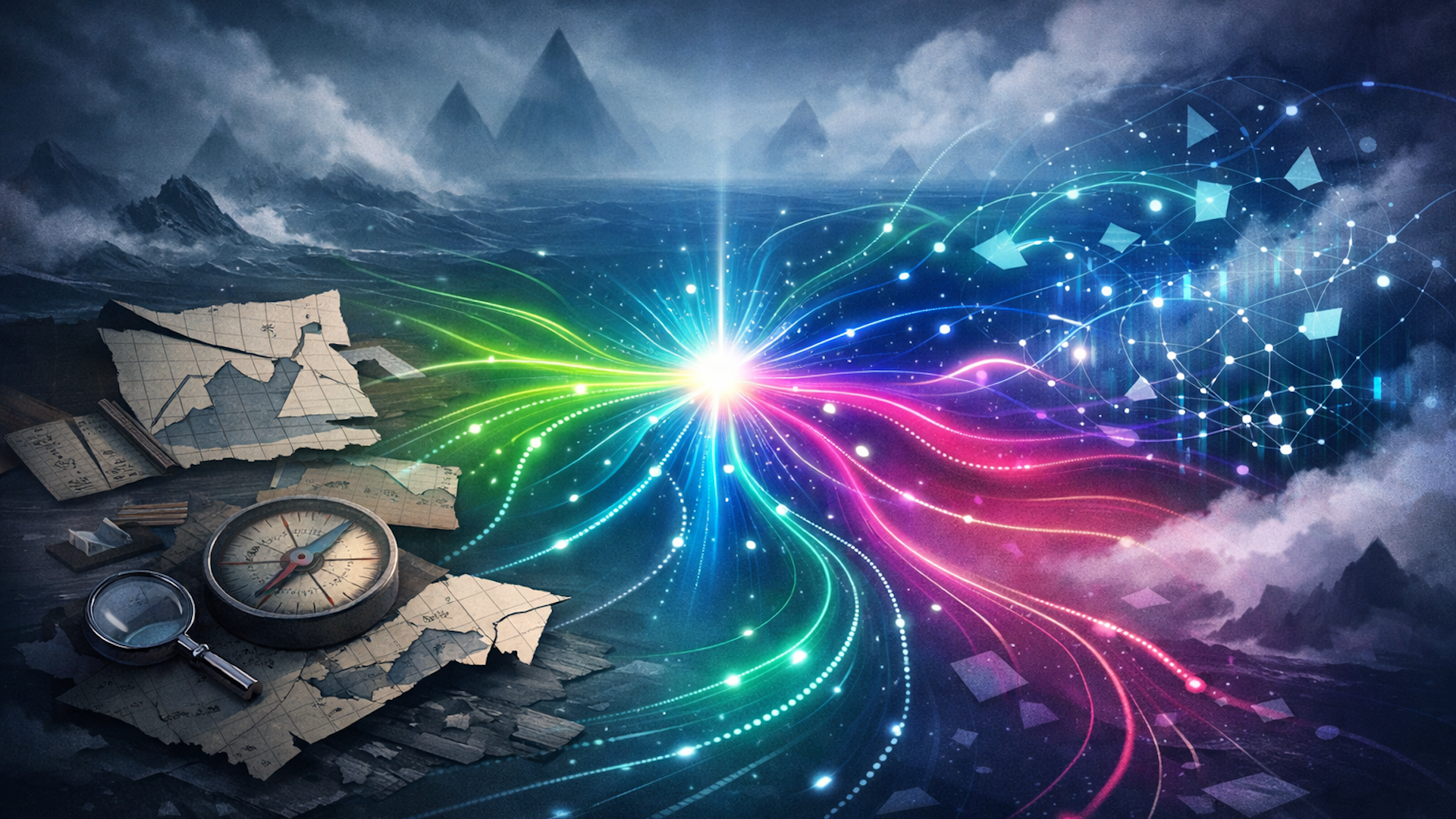 ```json
{
"alt": "Colorful data streams converge with antique maps and a compass on a mysterious landscape.",
"caption": "Where ancient navigation meets modern data: colorful streams of connectivity illuminate a world of possibilities.",
"description": "In this digital artwork, glowing streams of colorful data converge and interact with vintage navigation tools, including a compass and aged maps. The background features a mysterious landscape with dark mountains and swirling clouds. This image blends elements of exploration and modern technology, symbolizing the merging of past and future. Keywords: data, navigation, technology, exploration, digital art, connectivity."
}
```