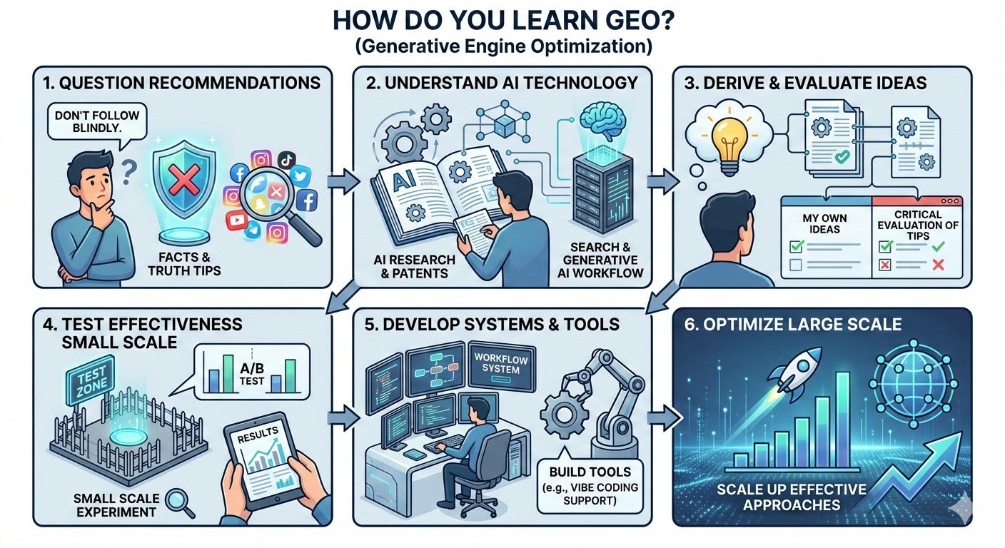 ```json
{
"alt": "Infographic outlining six steps in generative engine optimization, from questioning recommendations to large-scale optimization.",
"caption": "Explore the journey of learning Generative Engine Optimization with this step-by-step guide, from questioning recommendations to optimizing on a large scale.",
"description": "This infographic presents a systematic approach to learning Generative Engine Optimization (GEO) through six detailed steps: questioning recommendations, understanding AI technology, deriving and evaluating ideas, testing effectiveness on a small scale, developing systems and tools, and optimizing on a large scale. Key elements include AI research, idea evaluation, A/B testing, and tool development. This educational guide is ideal for those looking to delve into GEO and optimize strategies effectively."
}
```