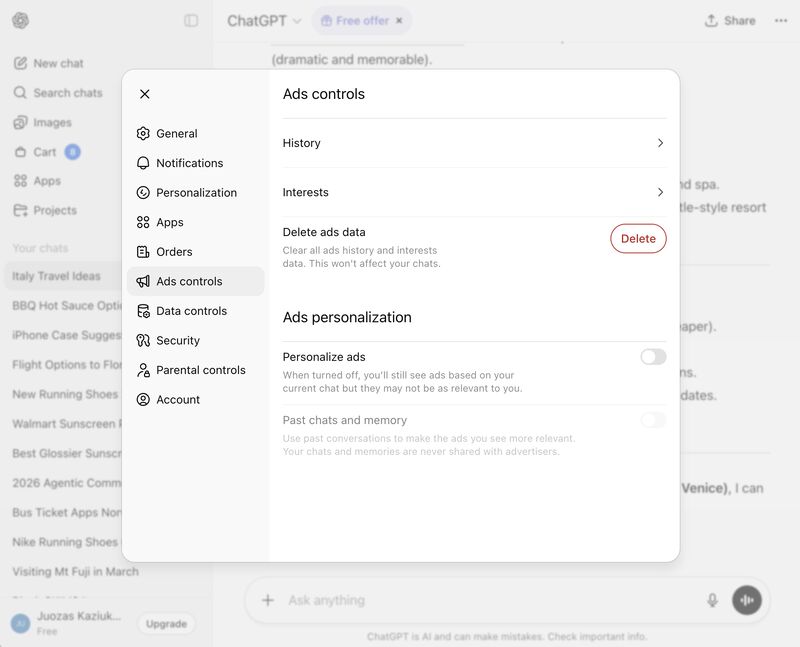 ```json
{
  "alt": "Screenshot of ads controls menu with options for history, interests, data deletion, ad personalization.",
  "caption": "Explore your ad personalization options with this detailed control menu. Manage your ad history, interests, and choose whether to personalize ads or clear data.",
  "description": "This image shows a screenshot of an ads controls menu within a digital application. The menu provides options to view ad history and interests, delete ads data, and personalize ads. There's a toggle for ad personalization, and a button to clear all ad data, ensuring privacy and tailored experiences depending on user preferences. Keywords: ads controls, ad personalization, data privacy, manage ads."
}
```