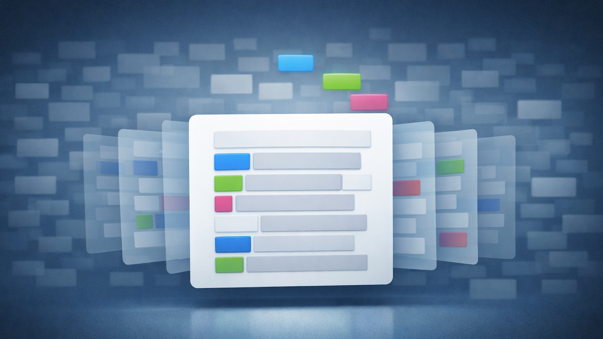 ```json
{
  "alt": "Illustration of digital screens with colorful bars and rectangles on a blue background.",
  "caption": "A vibrant digital interface showcases colorful bars, illustrating modern technology's dynamic and organized complexity.",
  "description": "This image features a digital illustration with multiple layered screens displaying colorful bars and rectangles. The main screen is centered, featuring blue, green, and pink bars on a clean, structured layout. The blurred effect on the surrounding screens suggests movement and depth. Set against a sleek blue background, the image symbolizes the complex and dynamic nature of technology and data visualization."
}
```