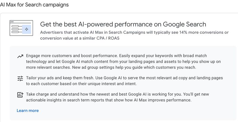 ```json
{
  "alt": "Google Search AI Max campaign advisory on boosting performance and conversions.",
  "caption": "Unlock the power of AI with Google's AI Max for Search campaigns. Elevate your customer engagement and conversion rates effortlessly.",
  "description": "This image promotes Google's AI Max for Search campaigns, highlighting the benefits of using AI for enhanced advertising performance. It suggests using broad match technology and Google's AI to improve ad relevance, optimize conversion rates, and tailor ads to customer interests. Keywords like 'AI-powered performance,' 'conversions,' and 'tailor ads' are featured, emphasizing actionable insights and the effectiveness of AI in marketing strategies."
}
```