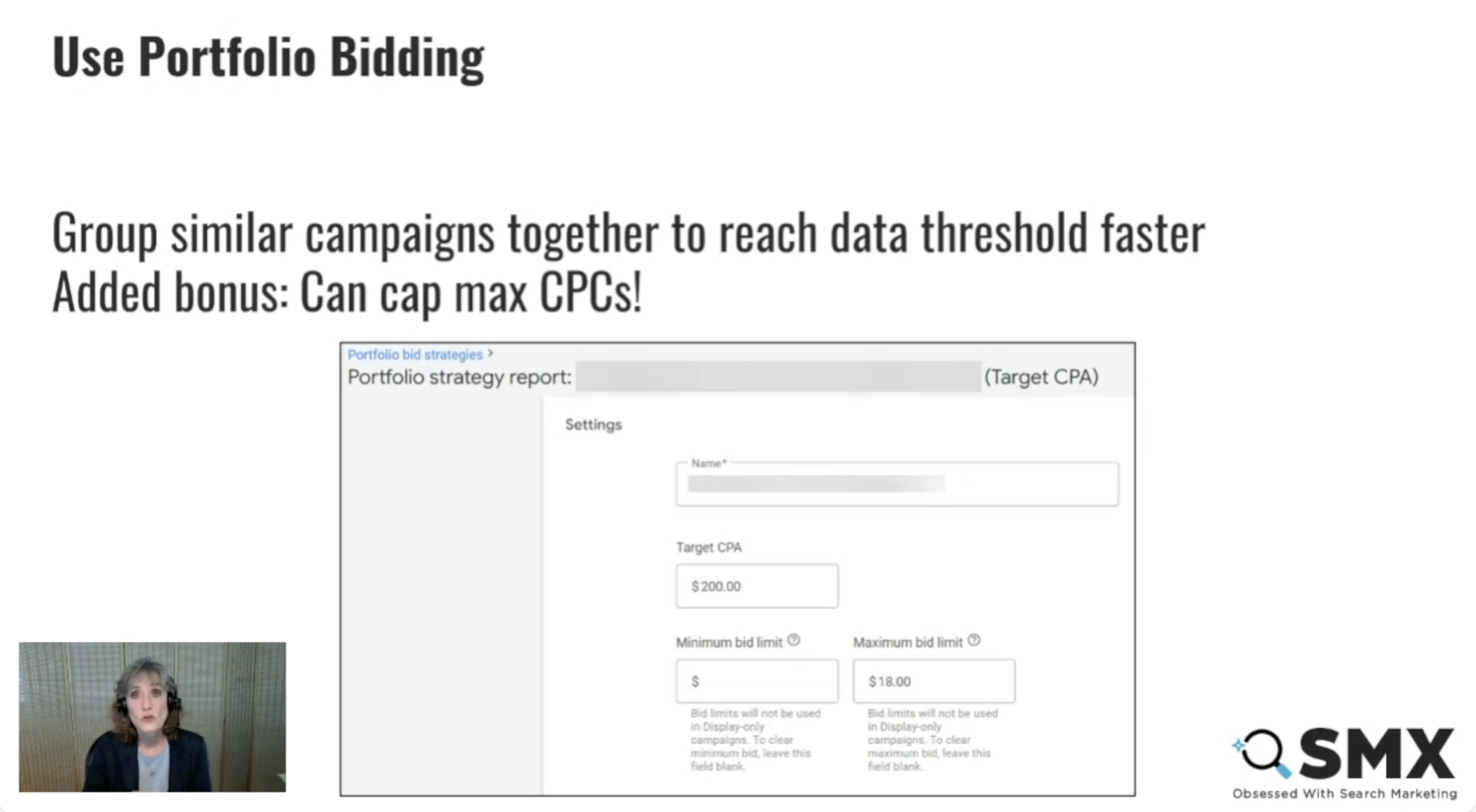 ```json
{
"alt": "Presentation slide on portfolio bidding with settings screenshot.",
"caption": "Master portfolio bidding: group campaigns to optimize data and control costs with ease!",
"description": "This presentation slide discusses the benefits of using portfolio bidding to group similar campaigns, achieving faster data thresholds. The added bonus is the ability to cap maximum CPCs. The accompanying screenshot shows a ‘Portfolio strategy report’ interface, with settings for target CPA, minimum and maximum bid limits. Ideal for optimizing campaign efficiency, this strategy is crucial for effective digital marketing. SEO, advertising, and cost management keywords enhance searchability."
}
```