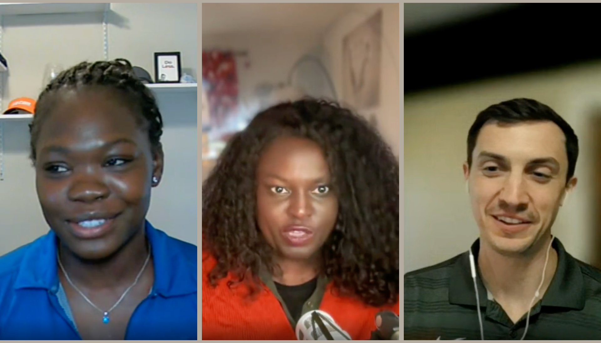 ```json
{
  "alt": "Three people on a video call, each in a different panel.",
  "caption": "A lively video chat brings together three colleagues, sharing ideas and laughter in a virtual meeting.",
  "description": "This image shows a video call split into three panels, each featuring a different participant. The first panel has a woman with braided hair and a blue shirt, the second has a woman with curly hair and a red sweater, and the third has a man with short hair wearing a dark striped shirt. The setting suggests a professional virtual meeting, with visible headphones and microphones emphasizing communication. This image can be used for topics related to online meetings, remote collaboration, or digital communication."
}
```