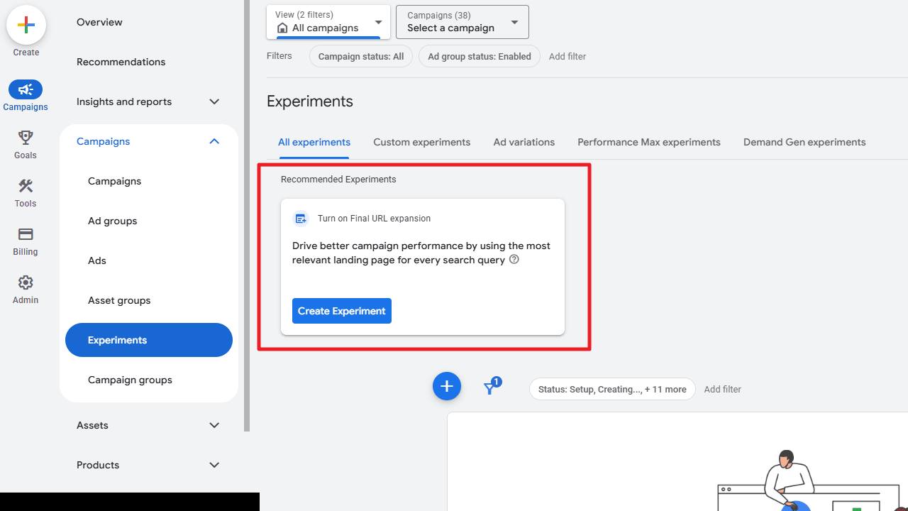 ```json
{
  "alt": "Google Ads dashboard highlighting recommended experiments and campaign options.",
  "caption": "Explore Google Ads' recommended experiments to enhance your campaign performance. Navigate through various options to optimize your ad efforts.",
  "description": "This image displays a section of the Google Ads dashboard, focusing on recommended experiments. The screenshot shows a highlighted experiment option encouraging users to 'Turn on Final URL expansion' for improved campaign performance. The sidebar features navigation options including campaigns, ad groups, and assets. A button to 'Create Experiment' is prominently displayed, inviting users to engage with the suggested optimization. Keywords: Google Ads, dashboard, recommended experiments, campaign optimization."
}
```