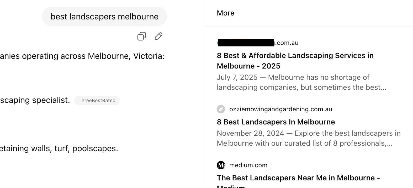 ```json
{
  "alt": "Search results for best landscapers in Melbourne, showing listings from various websites with dates.",
  "caption": "Exploring top landscapers in Melbourne? Check out these curated lists of the best landscape experts around the city!",
  "description": "This image displays search results for 'best landscapers Melbourne' including listings from various websites. Featured articles have titles like '8 Best & Affordable Landscaping Services in Melbourne - 2025' and '8 Best Landscapers In Melbourne'. The results provide a snapshot of recommended landscape professionals operating in Melbourne, with publication dates ranging from November 2024 to July 2025. These insights are valuable for anyone looking to enhance their outdoor spaces in Victoria's capital."
}
```