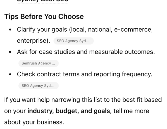 ```json
{
  "alt": "Tips for choosing an SEO agency, including clarifying goals and checking contract terms.",
  "caption": "Before selecting an SEO agency, consider your goals, request case studies, and review contracts. Tailor your choice based on industry needs and objectives.",
  "description": "This image lists key tips for selecting an SEO agency: clarify your goals (local, national, or enterprise), request case studies with measurable outcomes, and examine contract terms and reporting frequency. The emphasis is on aligning choices with industry, budget, and specific goals. Helpful for businesses seeking effective SEO partnerships."
}
```