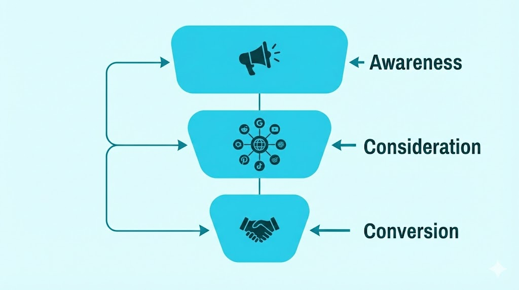 ```json
{
  "alt": "Marketing funnel with stages: Awareness, Consideration, Conversion in blue.",
  "caption": "Visualize the customer's journey from awareness to conversion with this marketing funnel diagram.",
  "description": "This image shows a marketing funnel with three stages: Awareness, Consideration, and Conversion, represented in blue blocks. Each stage has a unique icon symbolizing its function. The funnel illustrates how potential customers move through different phases, which is crucial for effective marketing strategies. Keywords: marketing funnel, customer journey, sales process."
}
```