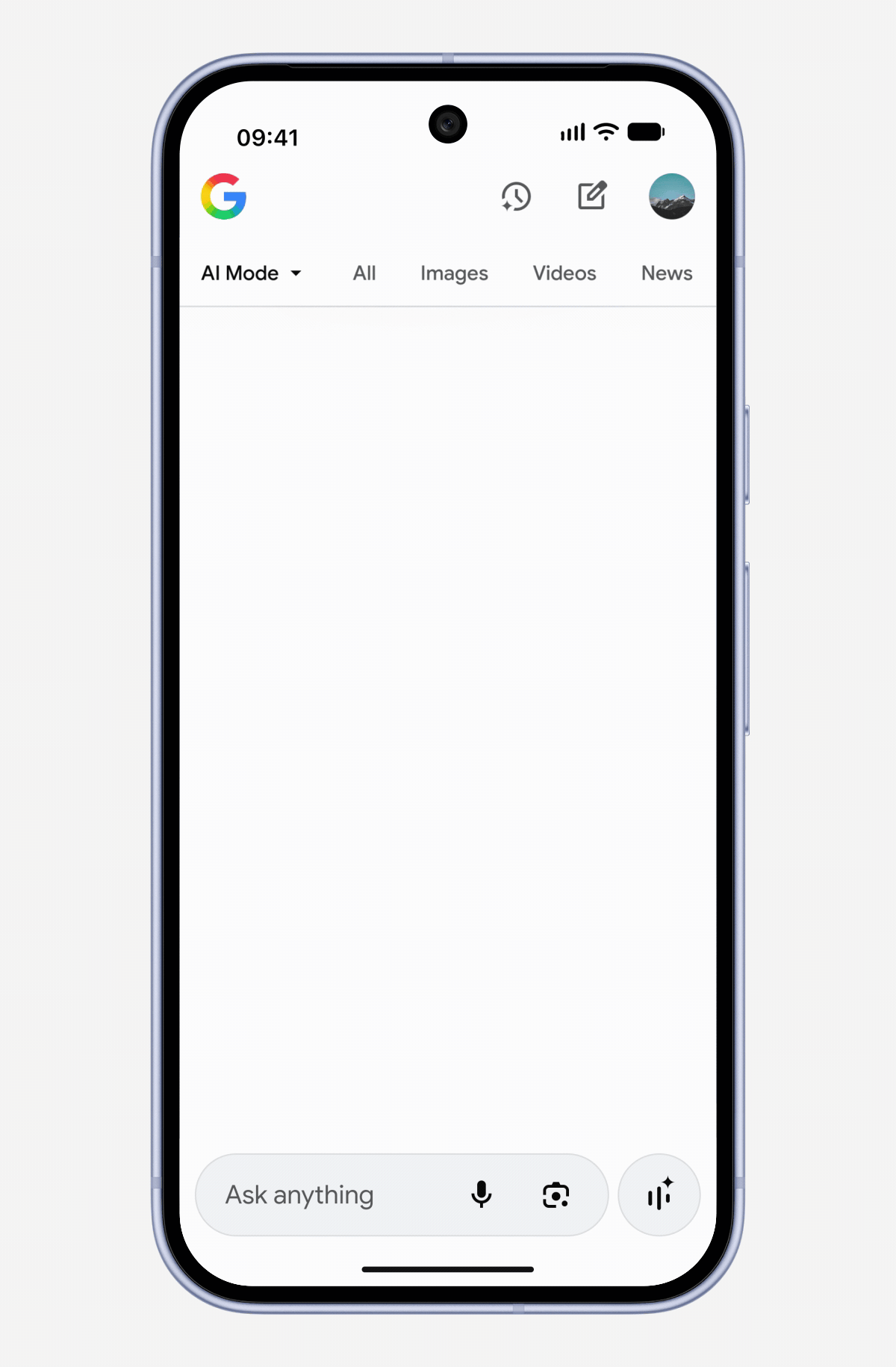 ```json
{
  "alt": "Smartphone displaying a Google search page in AI Mode with a search bar at the bottom.",
  "caption": "Explore the power of AI with this smartphone's innovative Google search interface!",
  "description": "A smartphone screen showing the Google search interface in AI Mode. The top displays the time 09:41, with icons for settings, notes, and user profile. The bottom features a prominent search bar with options for voice input, camera, and search settings. This setup highlights modern smartphone capabilities, emphasizing AI-assisted search functionality and user-friendly design."
}
```