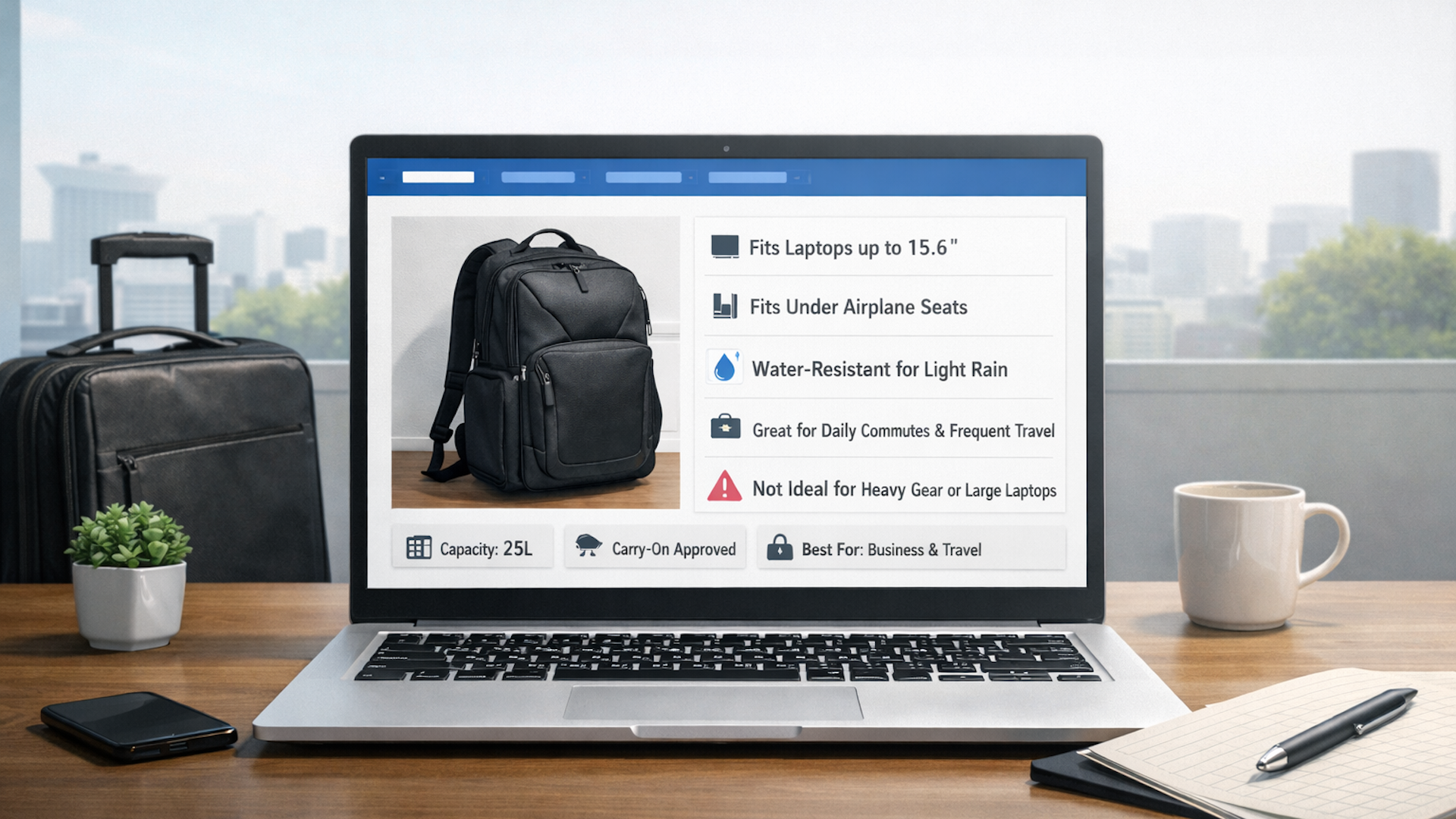 ```json
{
  "alt": "Laptop displaying details of a black travel backpack with features, alongside a suitcase and a notebook on a wooden table.",
  "caption": "Discover the perfect travel companion: a stylish and functional backpack showcased on a laptop, ready for your next adventure.",
  "description": "The image features a laptop on a wooden table with a black travel backpack displayed on its screen. The backpack is described as fitting laptops up to 15.6 inches, being water-resistant for light rain, and suitable for daily commutes. Next to the laptop, there is a suitcase and a cup of coffee, creating a sophisticated workspace vibe. Key features highlighted include carry-on approval and business travel suitability."
}
```