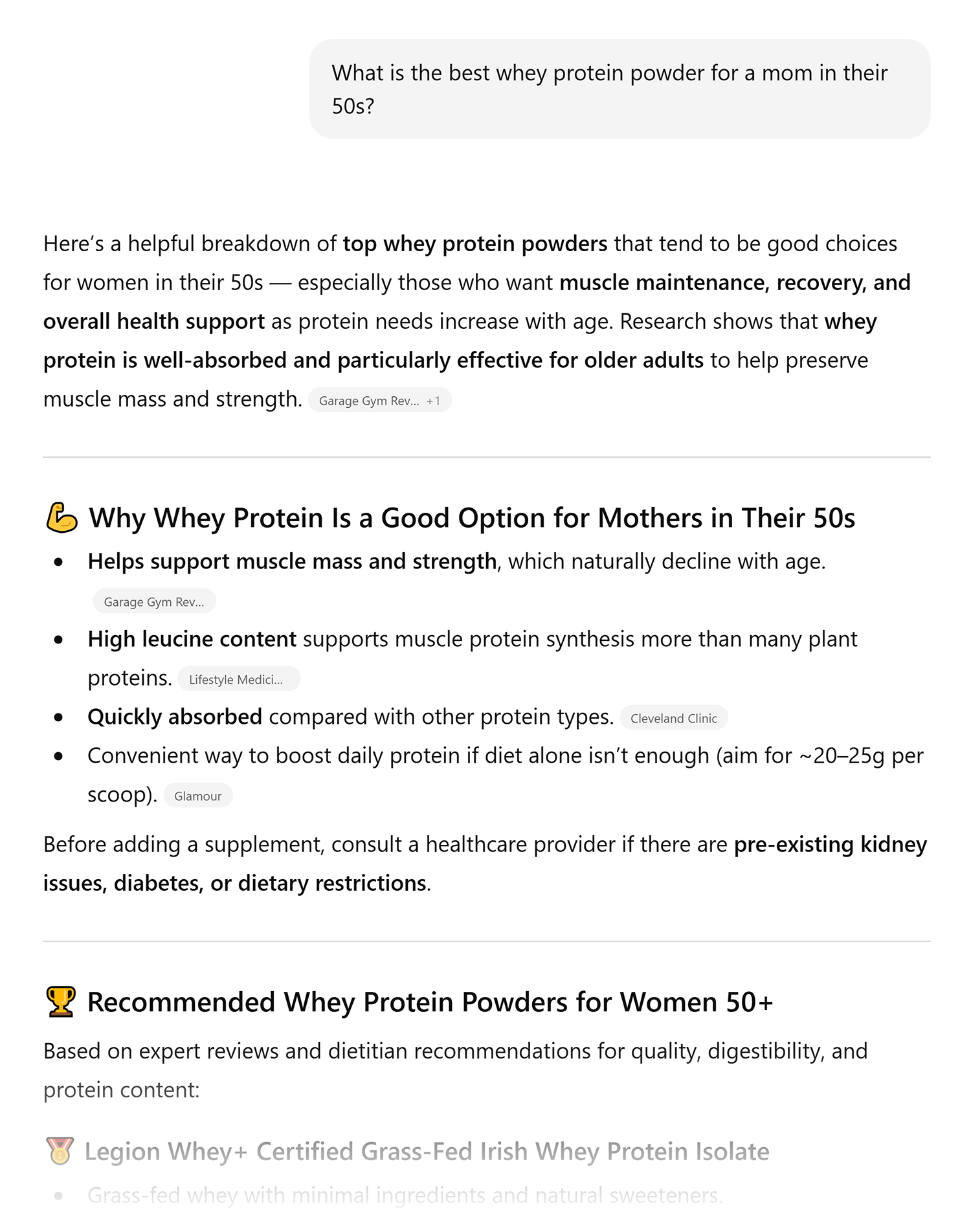 ```json
{
  "alt": "Article discussing whey protein options for women in their 50s, emphasizing muscle maintenance and health benefits.",
  "caption": "Explore the top whey protein options for women over 50 to enhance muscle health and overall wellness, supported by expert reviews.",
  "description": "This image outlines the benefits of whey protein for women in their 50s, focusing on muscle maintenance, recovery, and health support as protein needs rise with age. It provides a detailed guide on why whey protein is advantageous, citing quick absorption and high leucine content. Recommendations for top whey protein brands like Legion Whey+ are included, advising consultation with healthcare providers for those with health issues. Key terms include whey protein, muscle maintenance, women over 50, and health support."
}
```