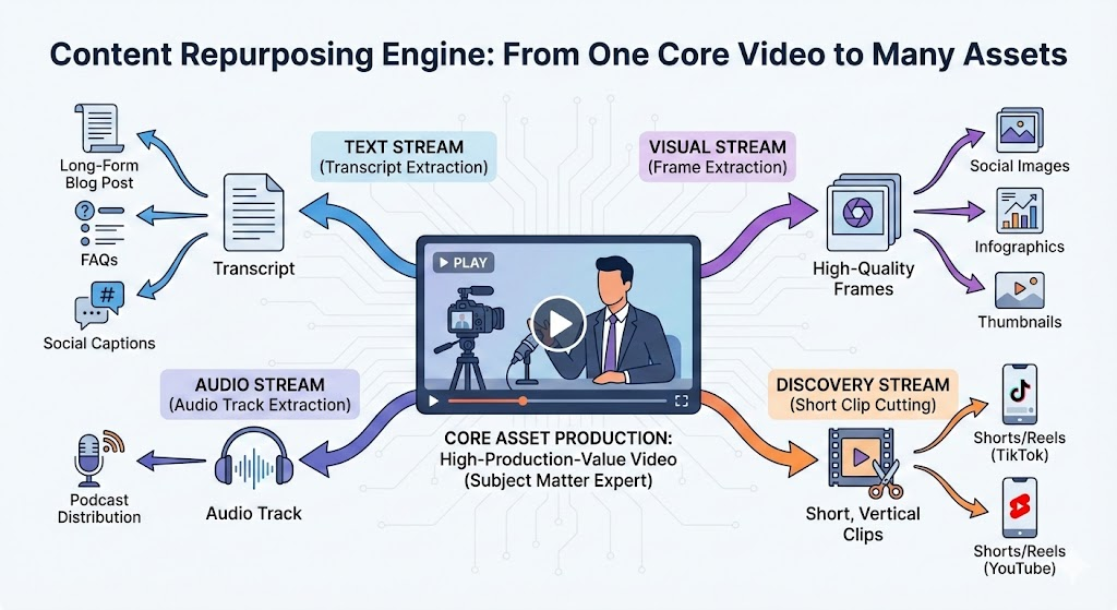 ```json
{
  "alt": "Infographic illustrating the process of repurposing a core video into various content types through text, audio, visual, and discovery streams.",
  "caption": "Discover the power of a content repurposing engine that transforms a single core video into multiple assets across text, audio, visual, and discovery streams, enhancing your reach and engagement.",
  "description": "This infographic outlines a content repurposing engine that converts a core video into diverse assets. It showcases four streams: text (for transcripts, blog posts, social captions), audio (for podcasts), visual (for social images, infographics), and discovery (for short clips on platforms like TikTok and YouTube). The central image depicts a suited person as a subject matter expert in a video. Keywords: content repurposing, video marketing, digital assets, multimedia strategy."
}
```