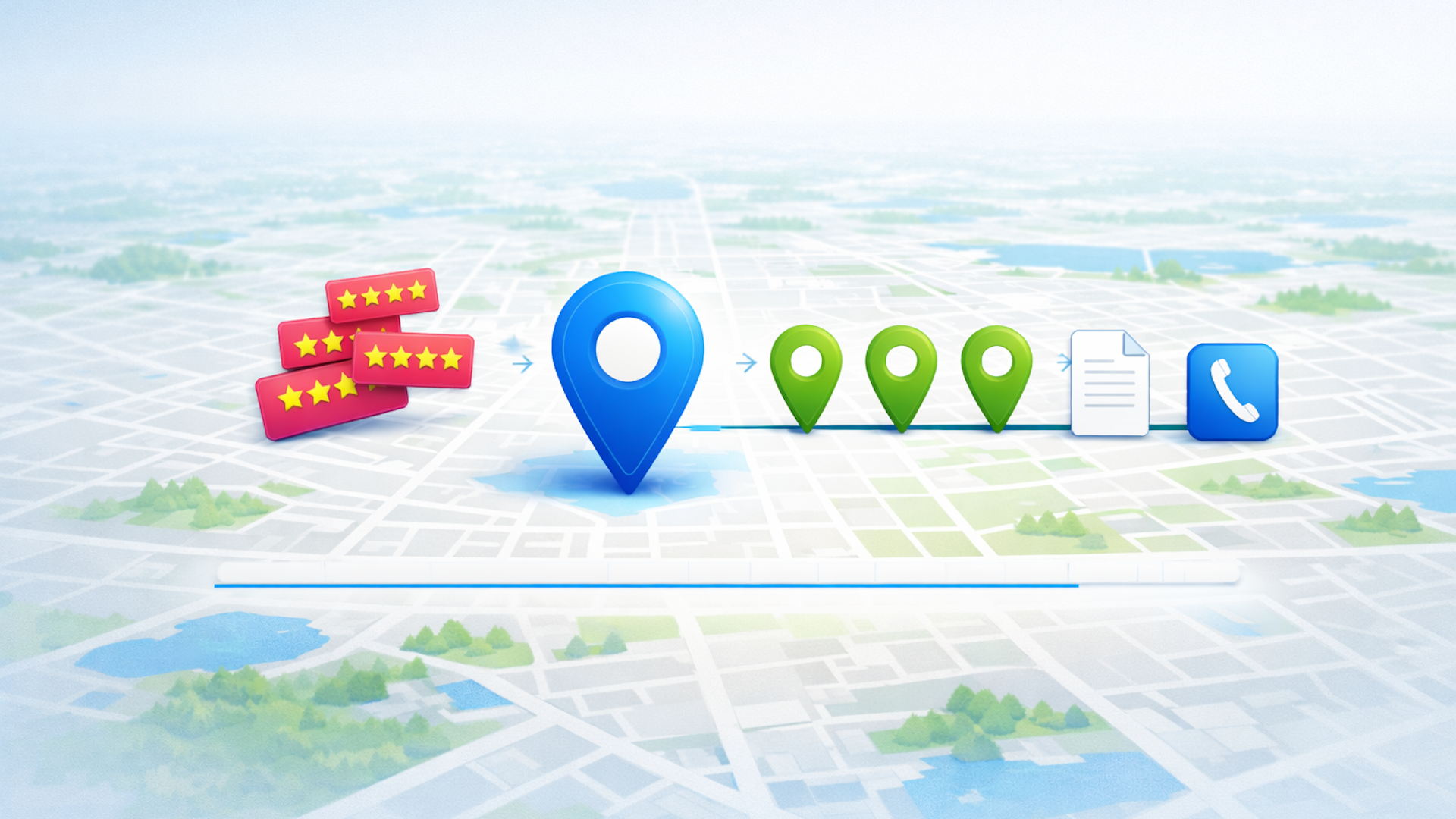 ```json
{
  "alt": "Illustrated map with location markers, stars, document icon, and phone icon.",
  "caption": "Navigate your success: From ratings to contact—track your business journey with ease.",
  "description": "This image depicts an illustrated map with a sequence of icons, starting with stars denoting ratings, a blue location pin, several green location markers, a document icon, and concluding with a phone icon. The icons are connected by a horizontal line, symbolizing a progression or journey, and are set against a blurred aerial map, suggesting navigation and connectivity. Keywords: navigation, location markers, map illustration, business journey."
}
```