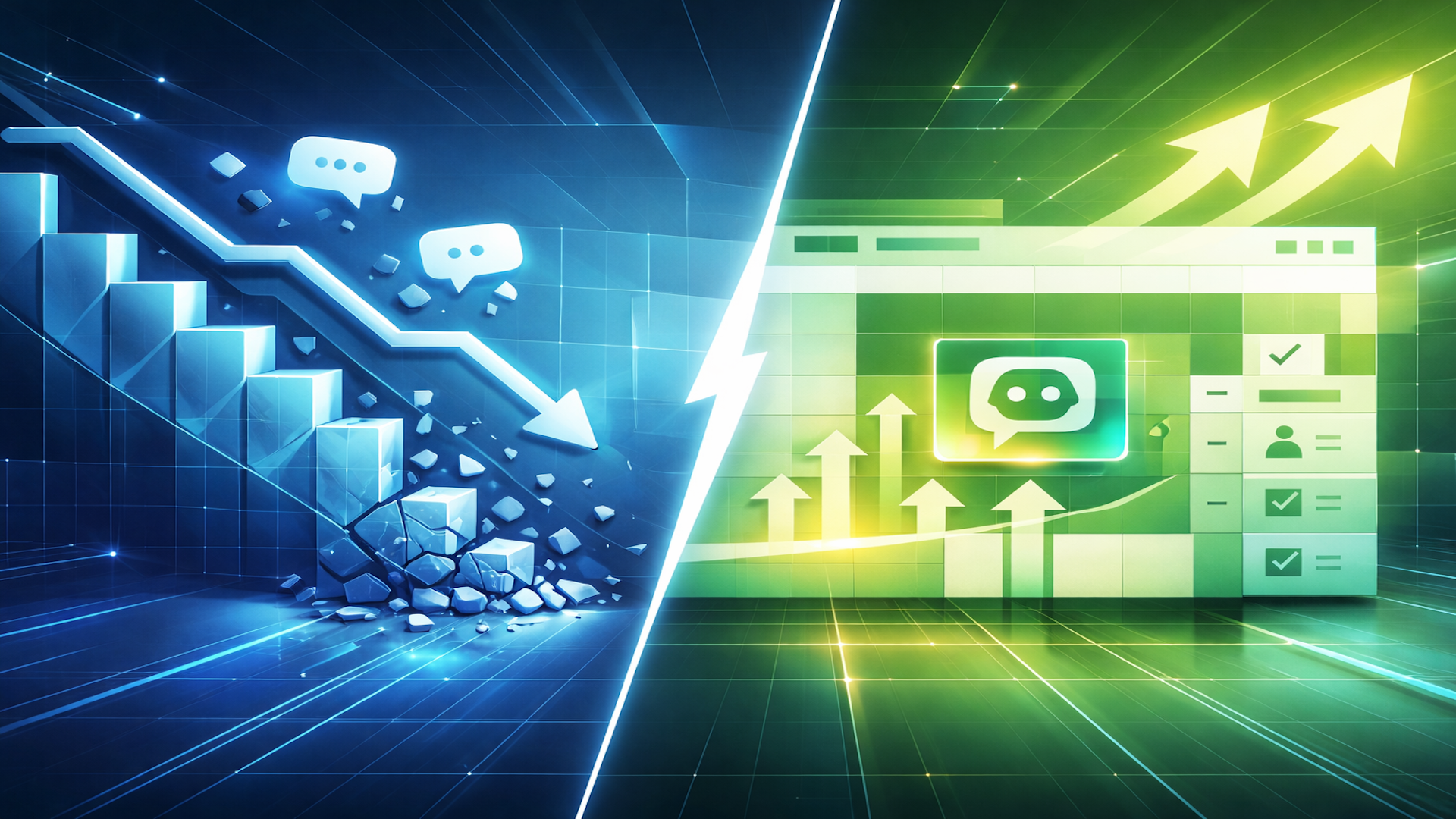 ```json
{
"alt": "Digital illustration showing a decline on the left with messaging icons, and a rise on the right with green growth icons.",
"caption": "Switching gears: From blue decline to vibrant green growth, this image depicts transformation and progress through digital communication.",
"description": "This digital artwork contrasts themes of decline and growth. On the left, a blue downward trend with broken steps and messaging icons signifies a downturn. On the right, a green interface with upward arrows represents growth and improvement in digital communication. The piece symbolizes transformation and success in digital arenas. Keywords: digital transformation, growth, decline, messaging."
}
```