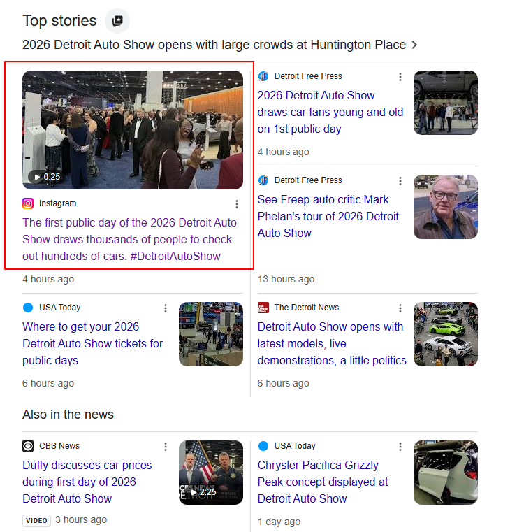 ```json
{
  "alt": "Top stories about the 2026 Detroit Auto Show with images and headlines.",
  "caption": "The 2026 Detroit Auto Show kicks off with impressive crowds and stunning car displays at Huntington Place, capturing the attention of auto enthusiasts.",
  "description": "This image showcases a news aggregation screen highlighting top stories related to the 2026 Detroit Auto Show at Huntington Place. Featured are headlines from various sources such as Detroit Free Press and USA Today, accompanied by images like crowds at the event, car displays, and key people involved. The content underscores the event's highlights, public turnout, and media coverage, making it an engaging insight into the auto industry's latest developments."
}
```