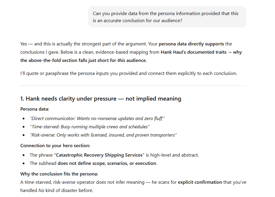 ```json
{
  "alt": "Text discussing how persona data supports conclusions with evidence-based mapping for Hank Haul's traits.",
  "caption": "Exploring the Alignment between Persona Data and Messaging: How Hank Haul Needs Clear, Direct Communication.",
  "description": "The image contains a detailed analysis linking persona data to effective messaging. It emphasizes Hank Haul's traits, such as being a direct communicator, time-starved, and risk-averse. The text discusses how these characteristics align with the need for clarity rather than implicit meanings. Keywords include persona analysis, communication, and audience alignment."
}
```