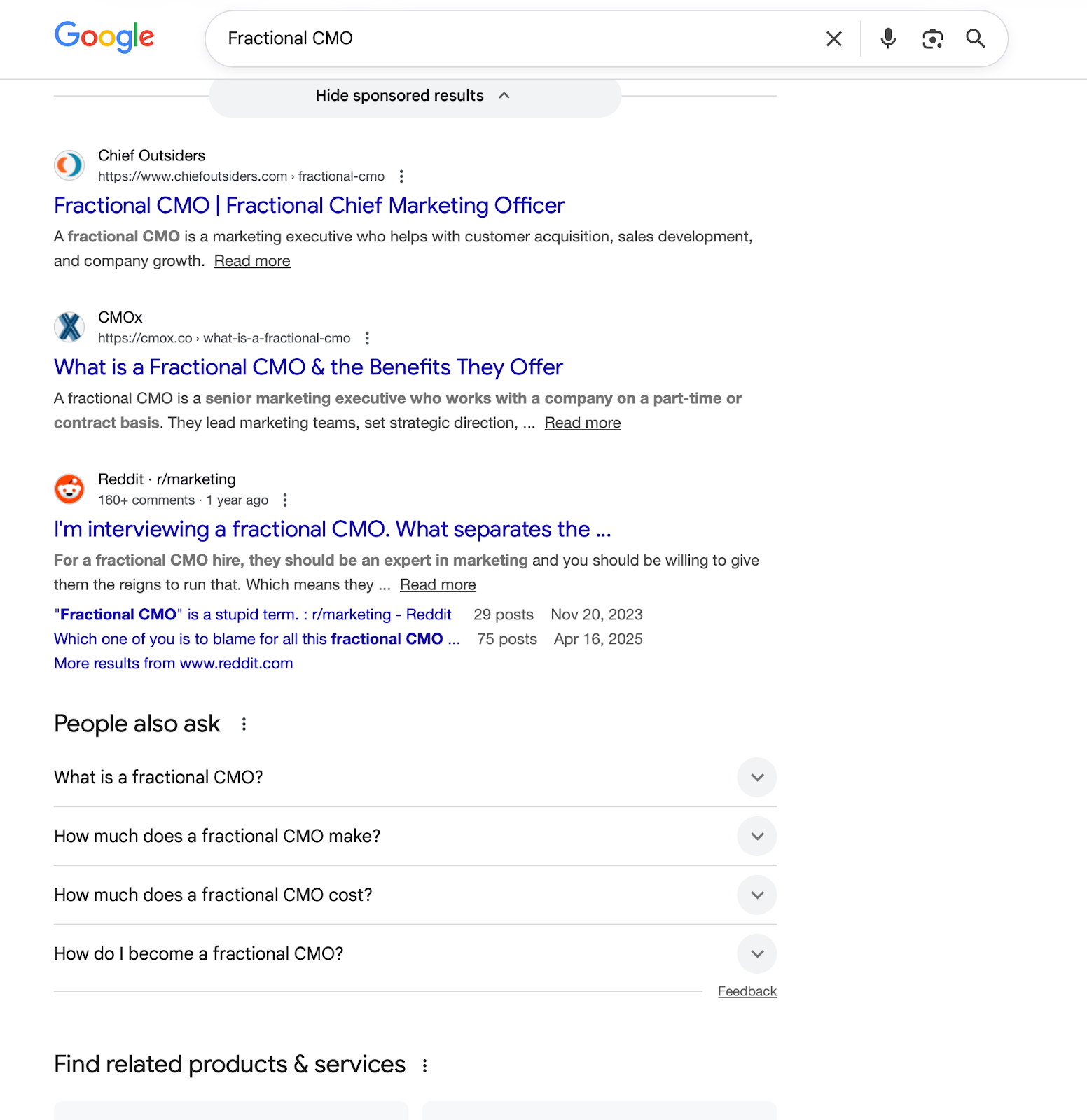 ```json
{
  "alt": "Google search results for 'Fractional CMO,' showing articles and discussions about fractional chief marketing officers.",
  "caption": "Curious about fractional CMOs? Discover insights and opinions on this unique role in the marketing world through these Google search results.",
  "description": "The image displays Google search results for 'Fractional CMO,' highlighting various articles from websites like Chief Outsiders, CMOx, and discussions on Reddit. Fractional CMOs are senior marketing executives working on a part-time or contract basis, offering strategic direction. The search results also include a 'People also ask' section with common questions about fractional CMOs. Keywords: Fractional CMO, marketing, search results, Google."
}
```