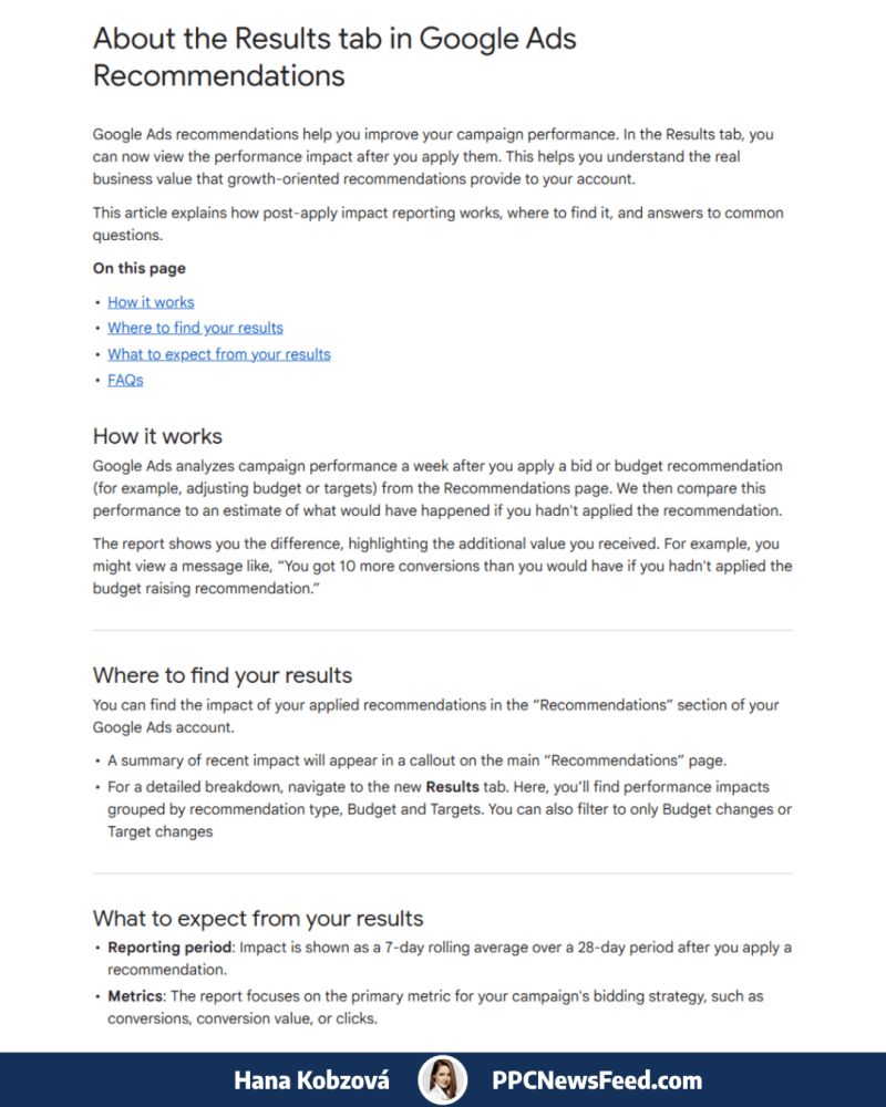```json
{
"alt": "Google Ads Recommendations Results tab information explaining performance impact report.",
"caption": "Discover how Google Ads' Recommendations Results tab can enhance your campaign by analyzing post-apply impact reports, offering insights into budget and performance metrics.",
"description": "This image contains information about the Results tab in Google Ads Recommendations. It explains how the tab helps analyze campaign performance after applying recommendations like budget adjustments. The text details where to find results, the report's impact timeline, and metrics such as conversions and clicks. The article provides guidance on understanding the value of Google's growth-oriented recommendations. Keywords: Google Ads, Recommendations, campaign performance, budget, conversions, metrics."
}
```