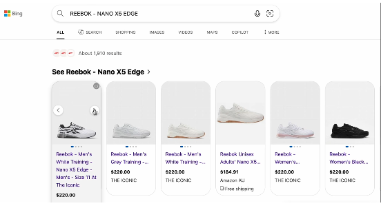 ```json
{
  "alt": "Online shopping results for Reebok Nano X5 Edge sneakers showing various styles and prices.",
  "caption": "Explore a range of Reebok Nano X5 Edge sneakers in different colors, available from multiple retailers at competitive prices.",
  "description": "The image displays online shopping results for Reebok Nano X5 Edge sneakers via a search engine. It showcases multiple sneaker styles, including white, grey, and black versions, with prices ranging from $184.91 to $220.00. Retailers like The Iconic and Amazon AU are highlighted, offering these products with different features, such as free shipping. Keywords: Reebok, Nano X5 Edge, sneakers, online shopping, footwear."
}
```